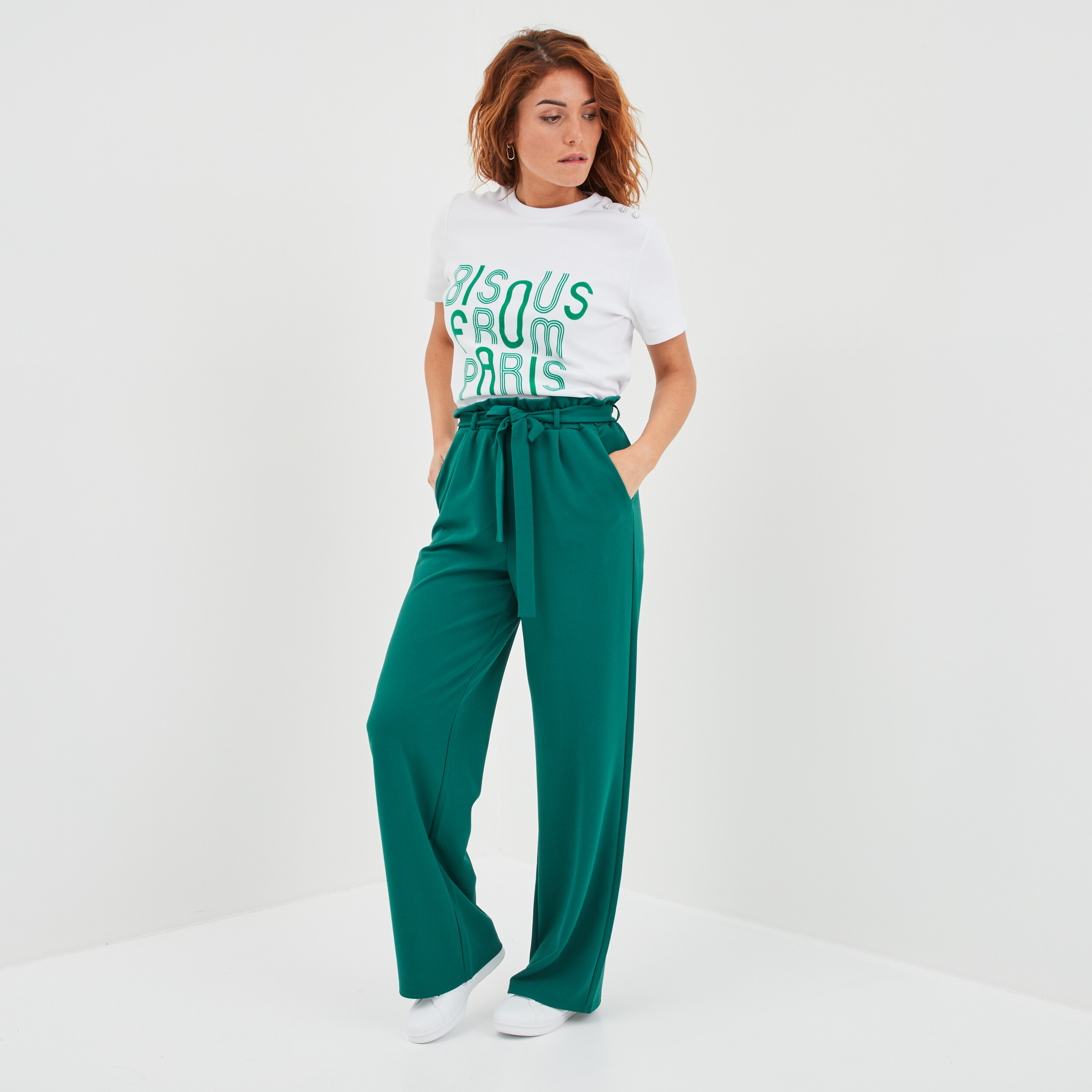 Pantalon large ceinturé vert émeraude femme | La Halle