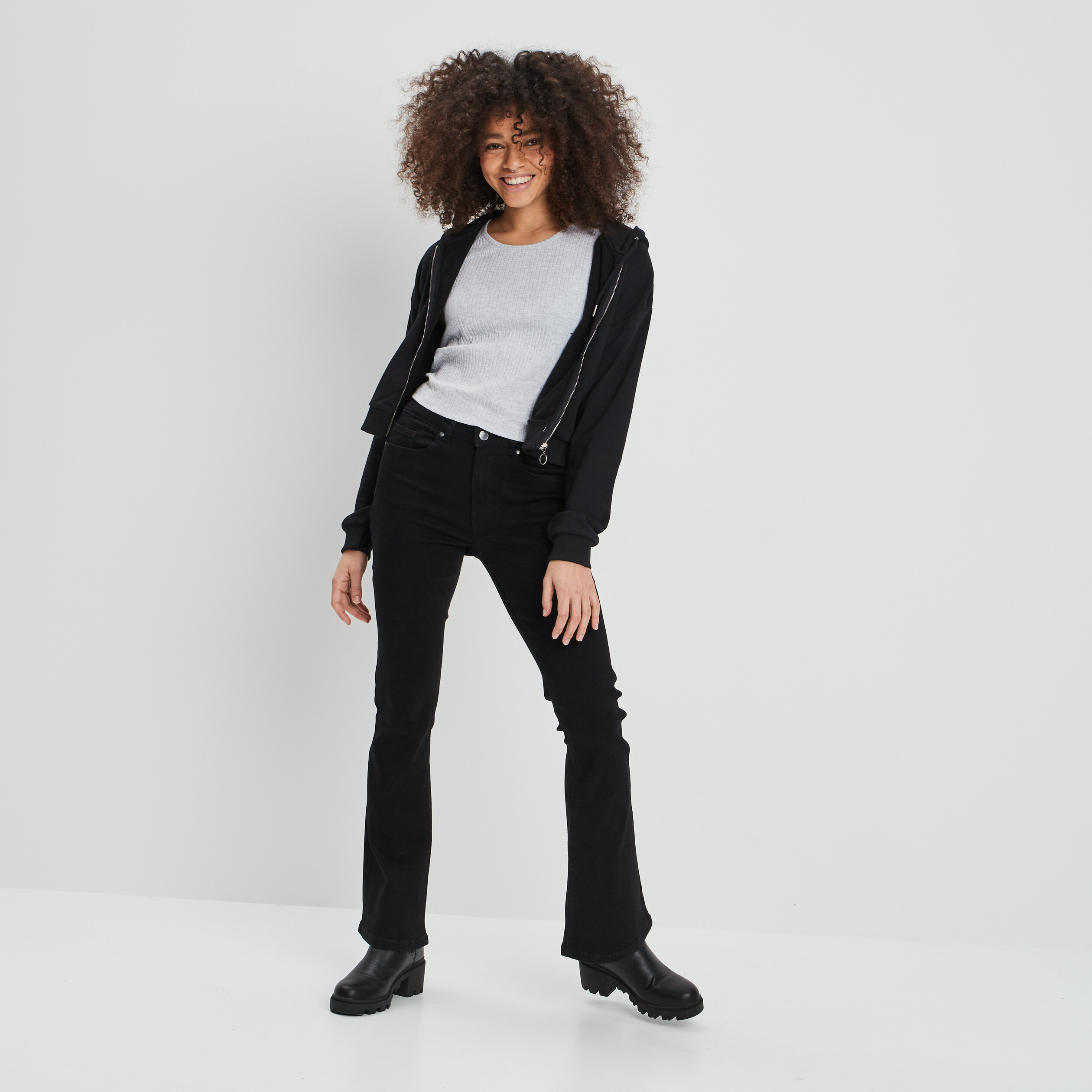 Jeans flare taille standard denim noir femme | La Halle