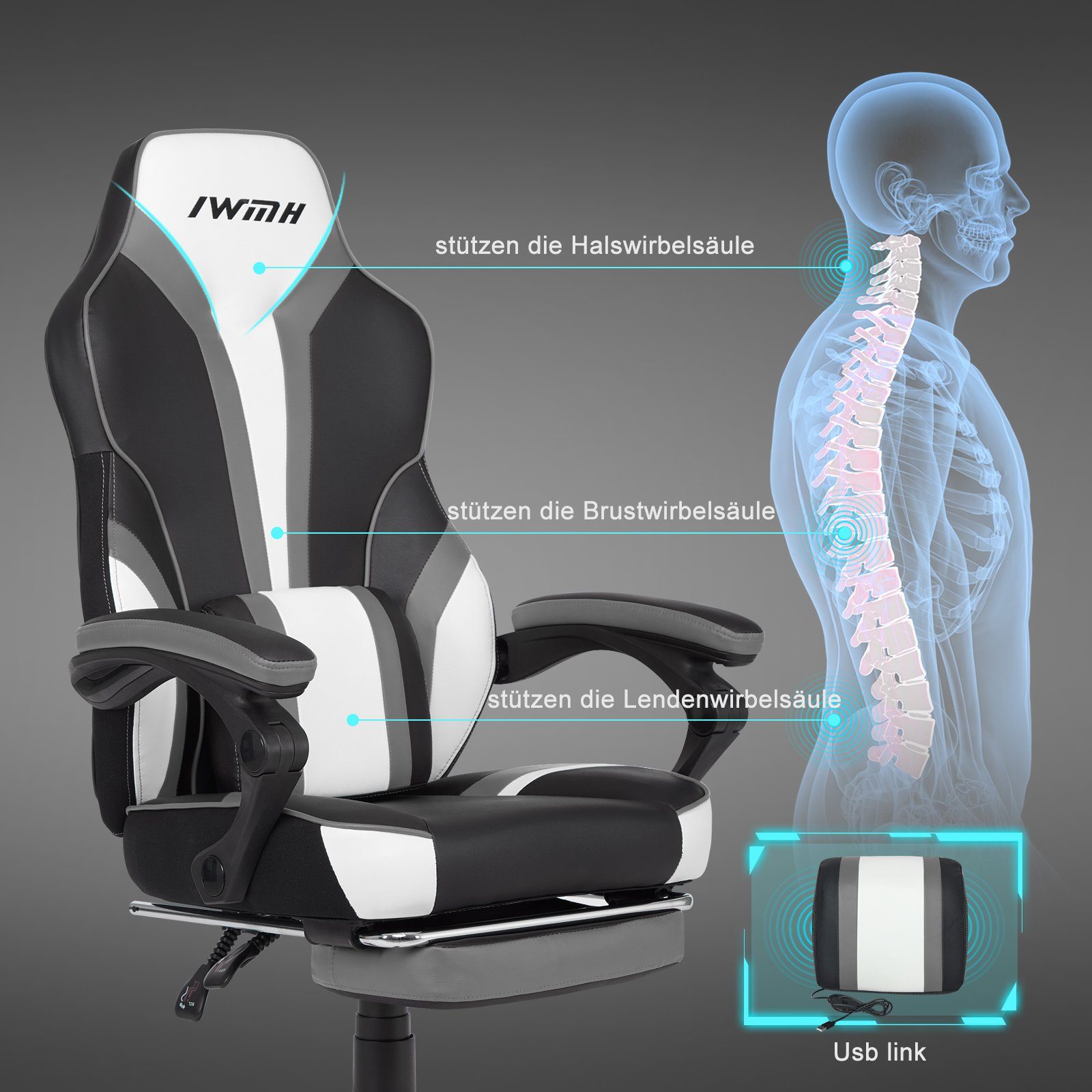 Intimate WM Heart Gaming-Stuhl, mit hoher Rückenlehne, Massage-Lendenstütze und klappbarer Fußstütze