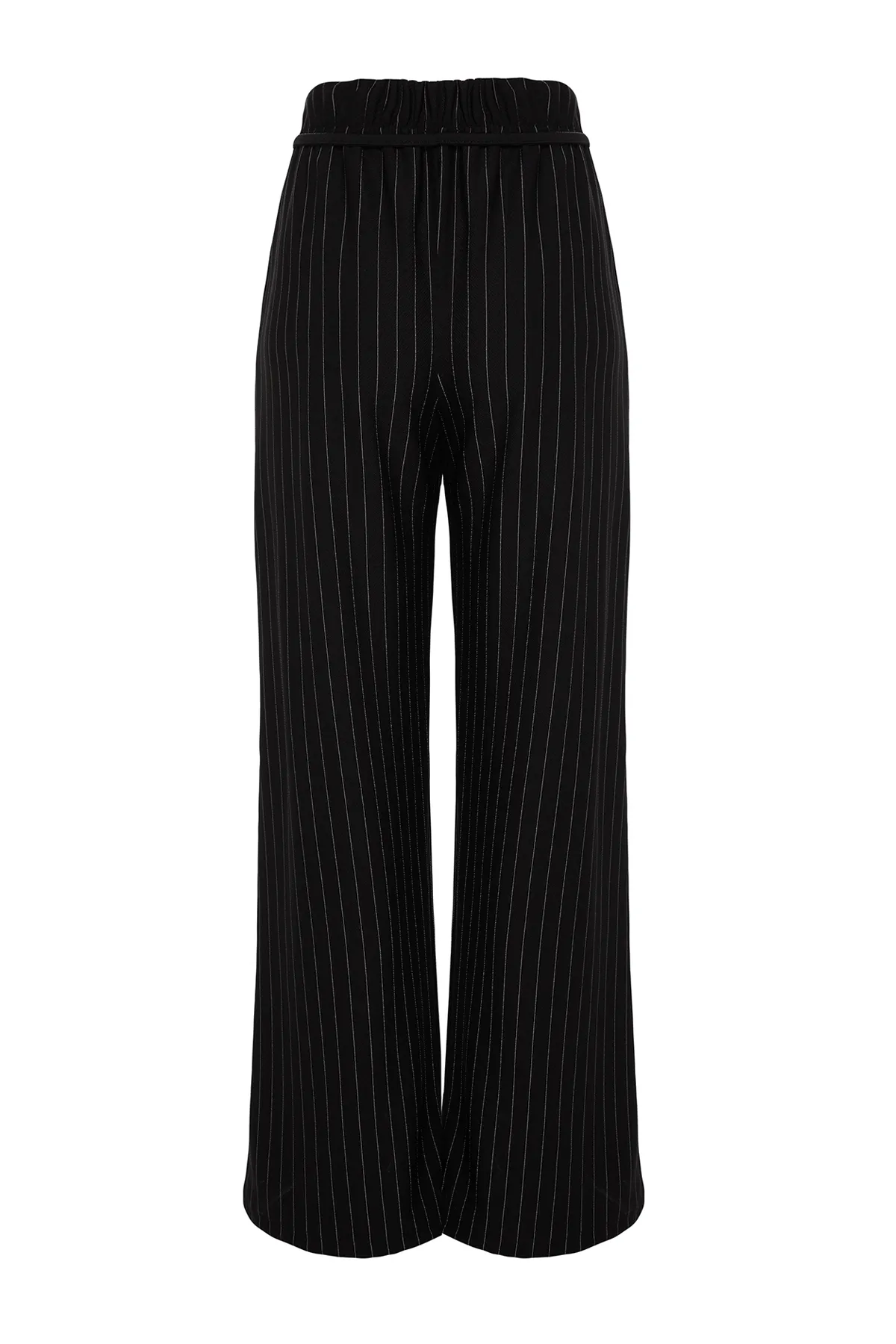 Trendyol Collection  Schwarz gestreifte Gürteldetaillierte gerade/gerade dehnbare Strickhose TWOAW24PL00084