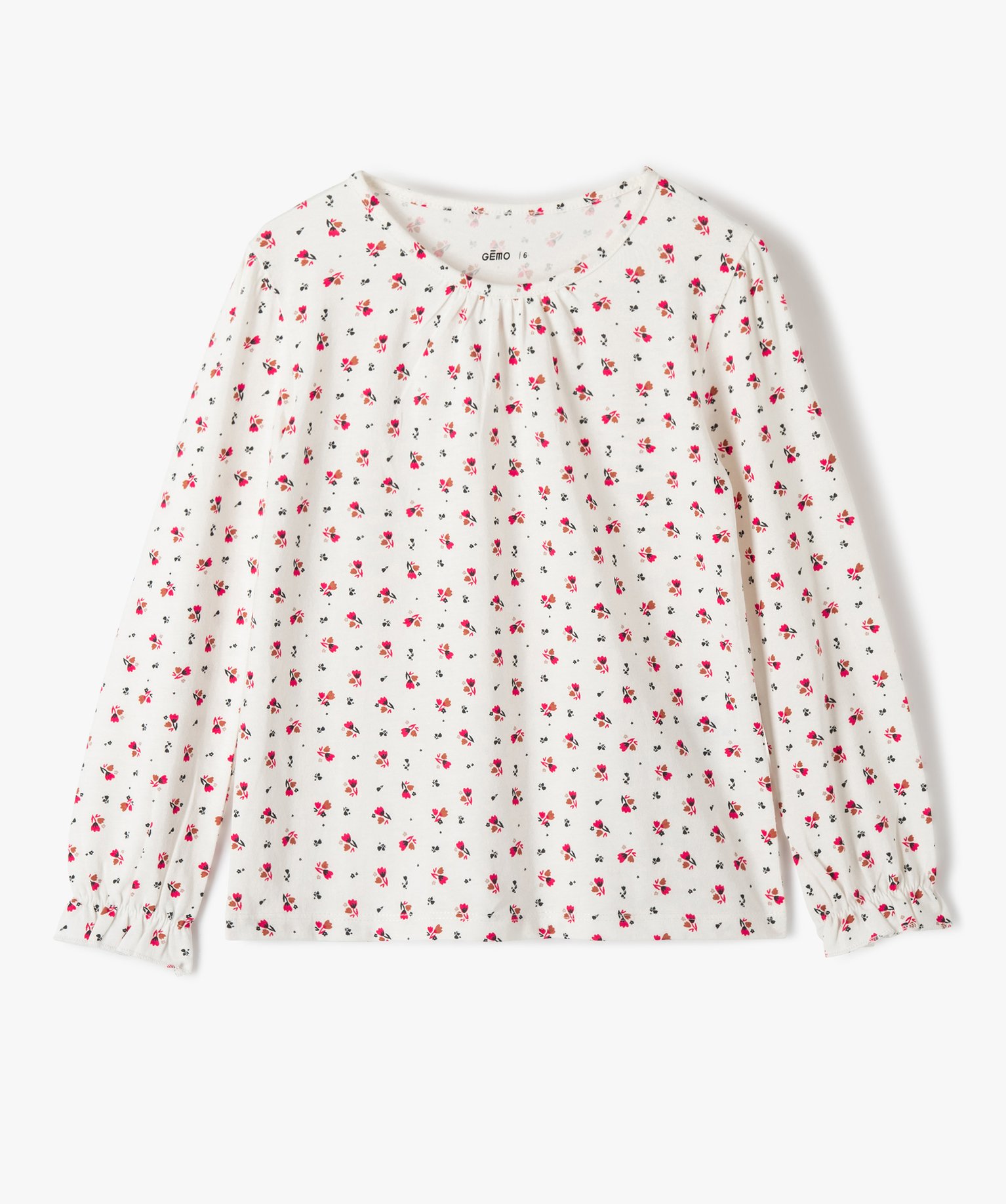Tee-shirt fille imprimé à manches longues et fronces ecru | GEMO