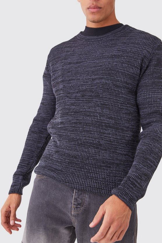 Zweifarbiger gerippter Rundhals-Pullover