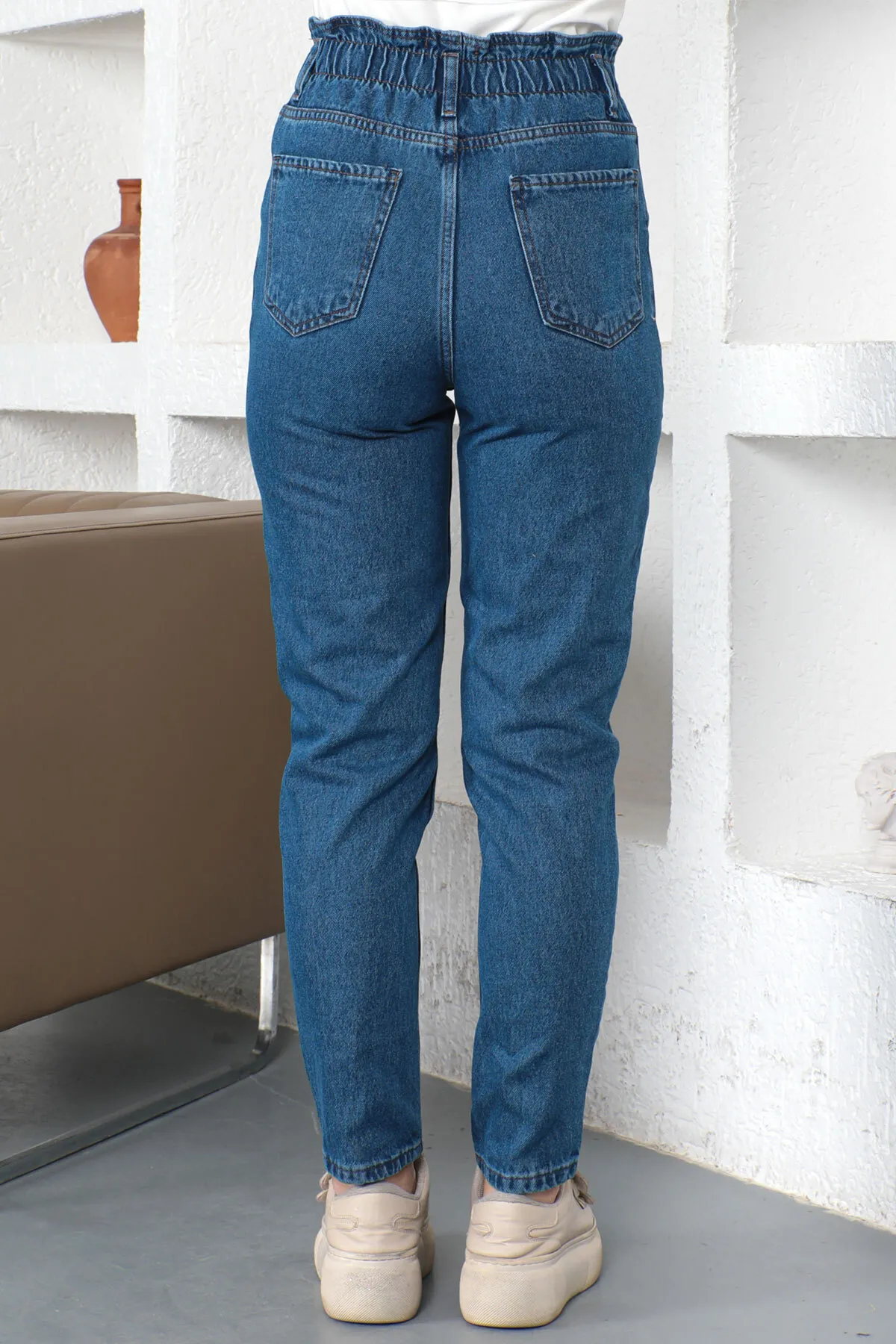 Tesettür Dünyası  Mom-Jeanshose mit elastischem Bund TSD231016 Blau