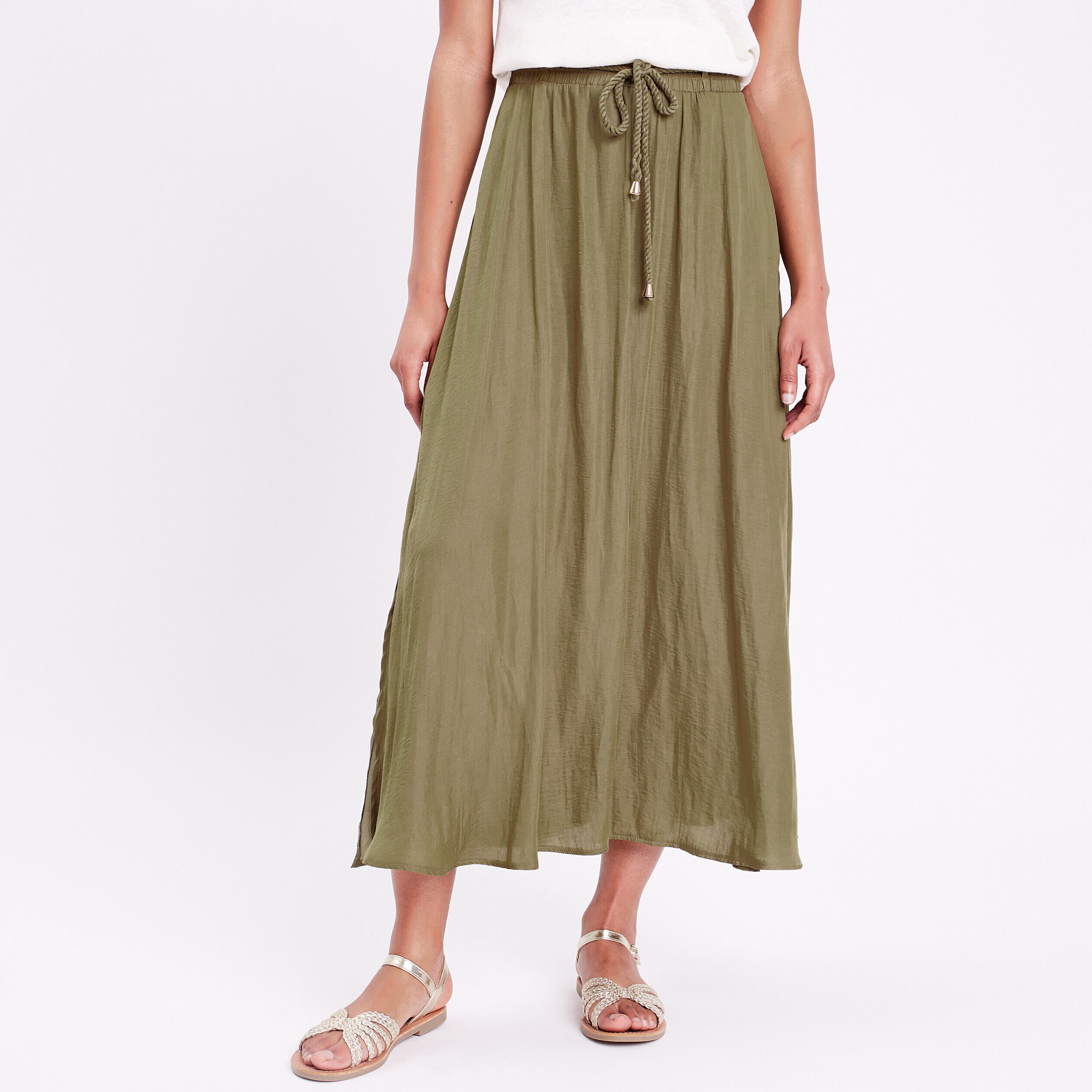 Jupe longue évasée satin vert kaki femme | Cache Cache