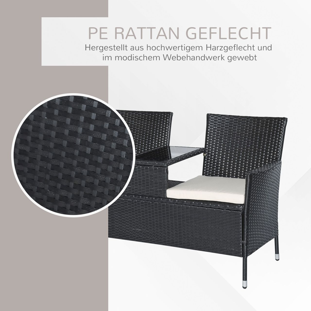 Outsunny Polyrattan Gartenbank Gartensofa Sitzbank mit Tisch 2-Sitzer Stahl Schwarz B133 x T63 x H84cm