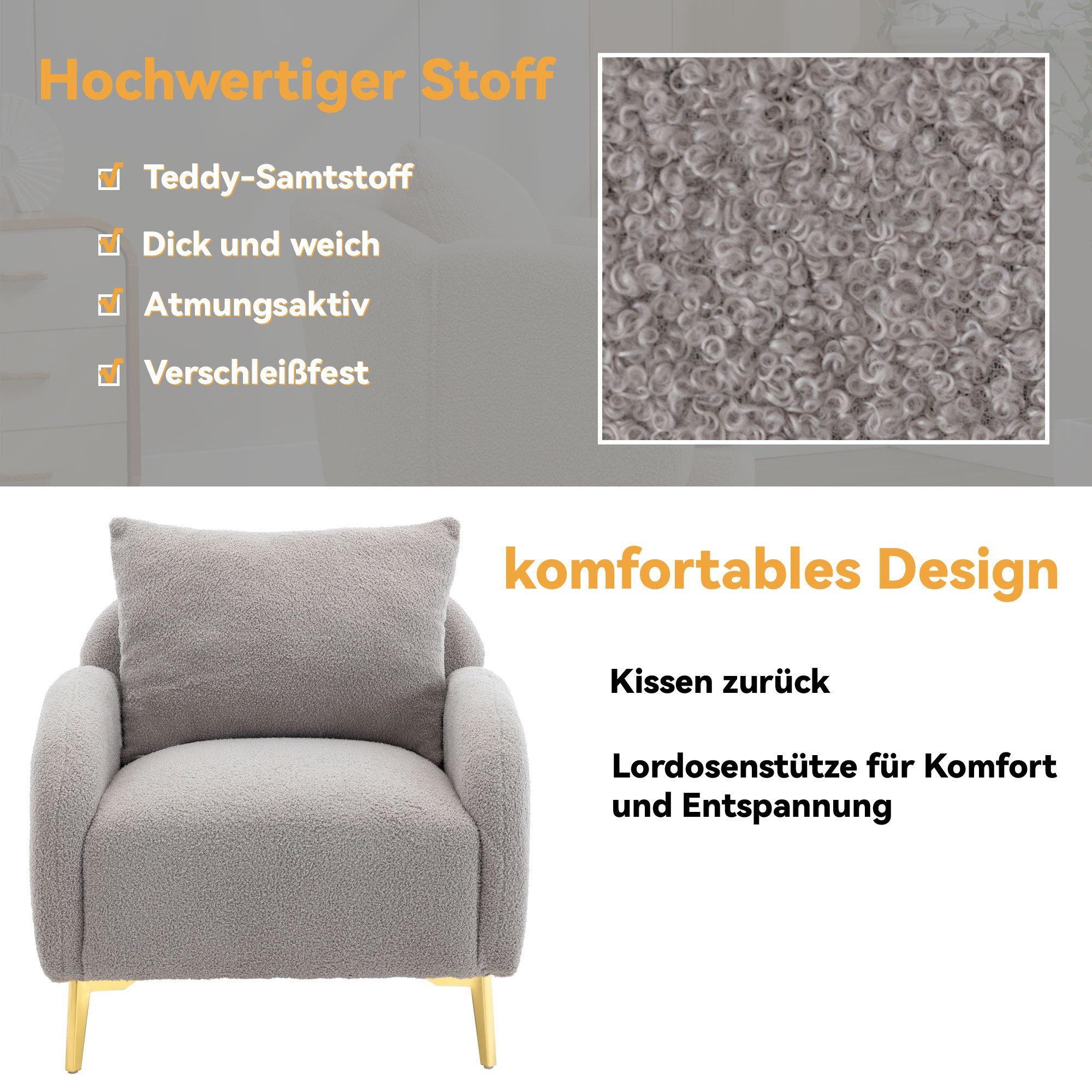 OKWISH Sessel Loungesessel Polstersessel Armlehnensessel Freizeitsessel Einzelsessel (Moderner und schlichter Teddy-Samtstuhl, mit Kissen, extra großer Einzelsessel mit breiter Sitzfläche), tiefer Sitzfläche, roségoldene Sofabeine