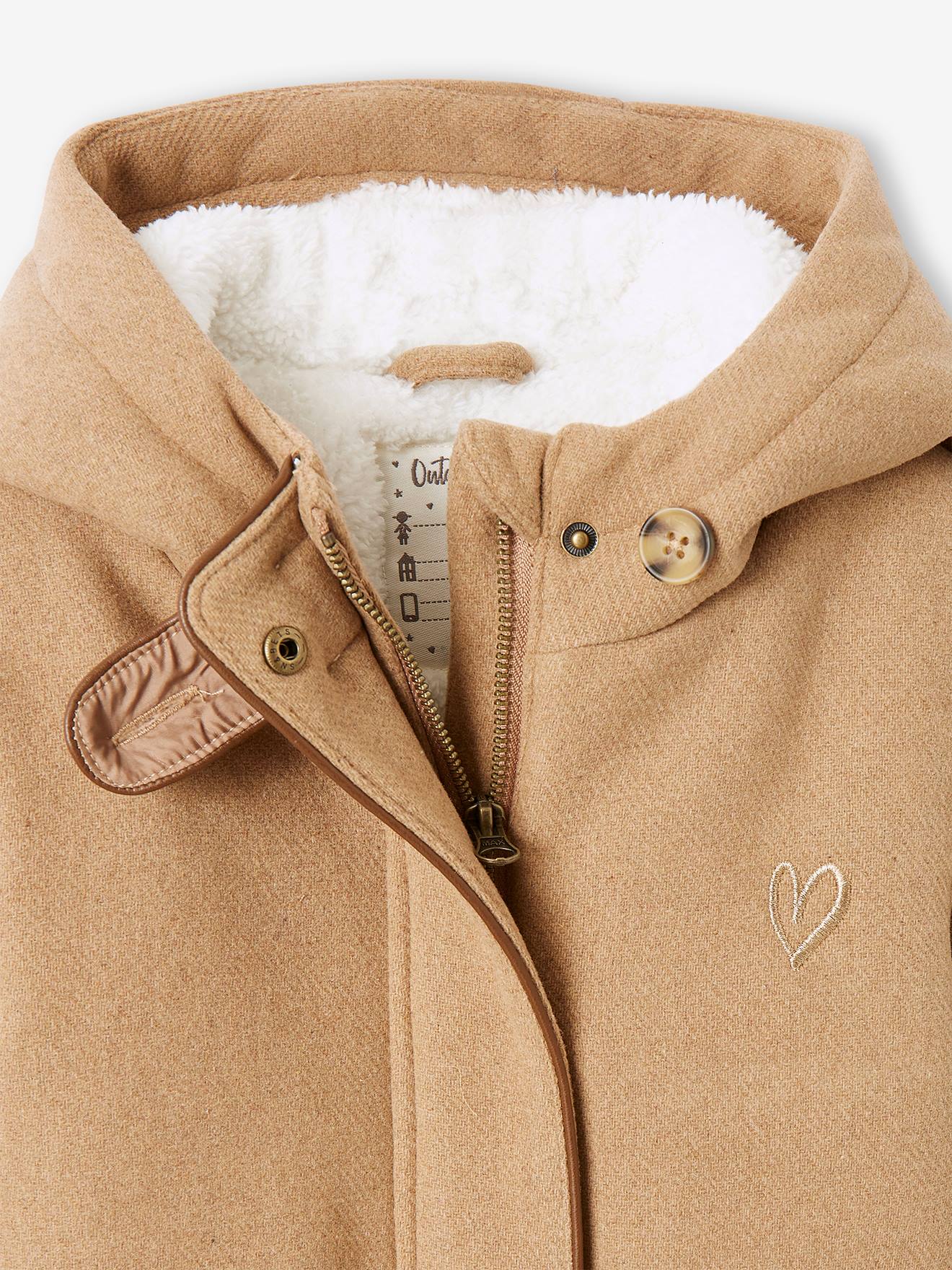 Manteau à capuche en drap de laine fille doublé sherpa chamois