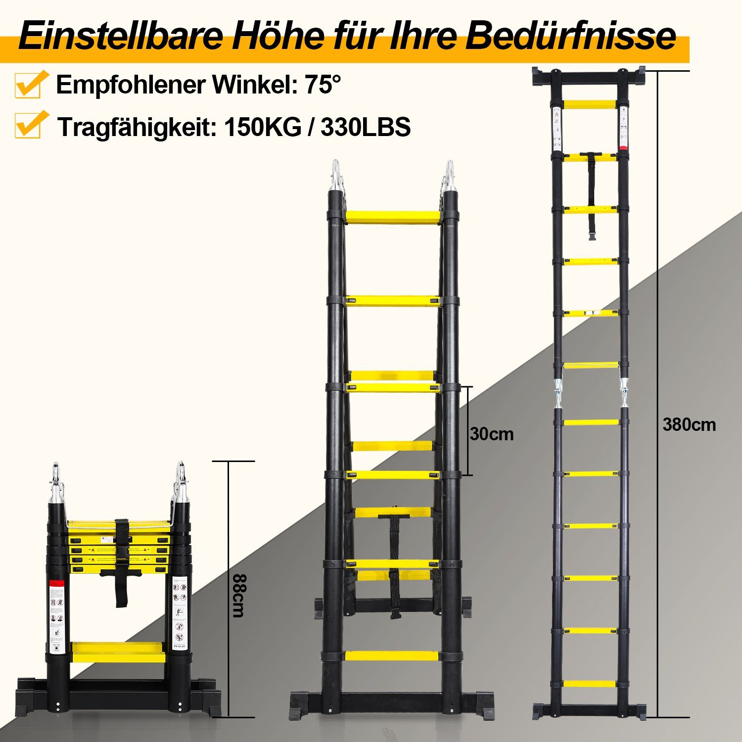 Lospitch Teleskopleiter Teleskopleiter Alu 1.9+1.9m Ausziehleiter Anlegeleiter Silber klappbar