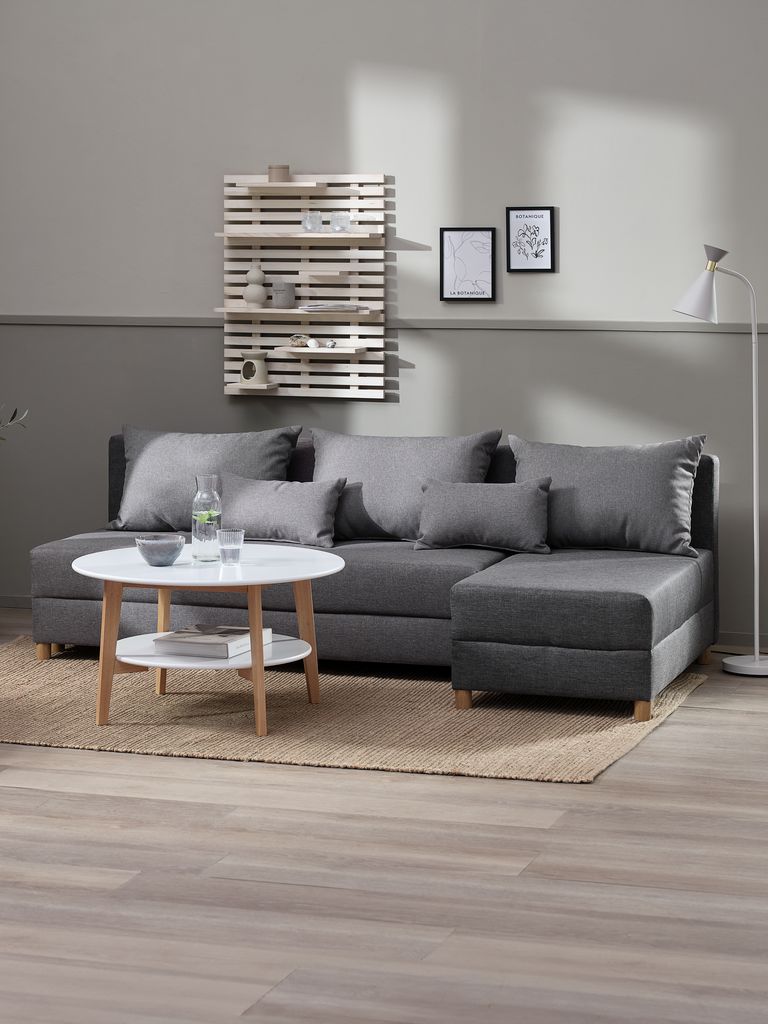 Sofa rozkładana HAMPEN z szezlongiem HAMPEN tkanina szara/kolor dębu