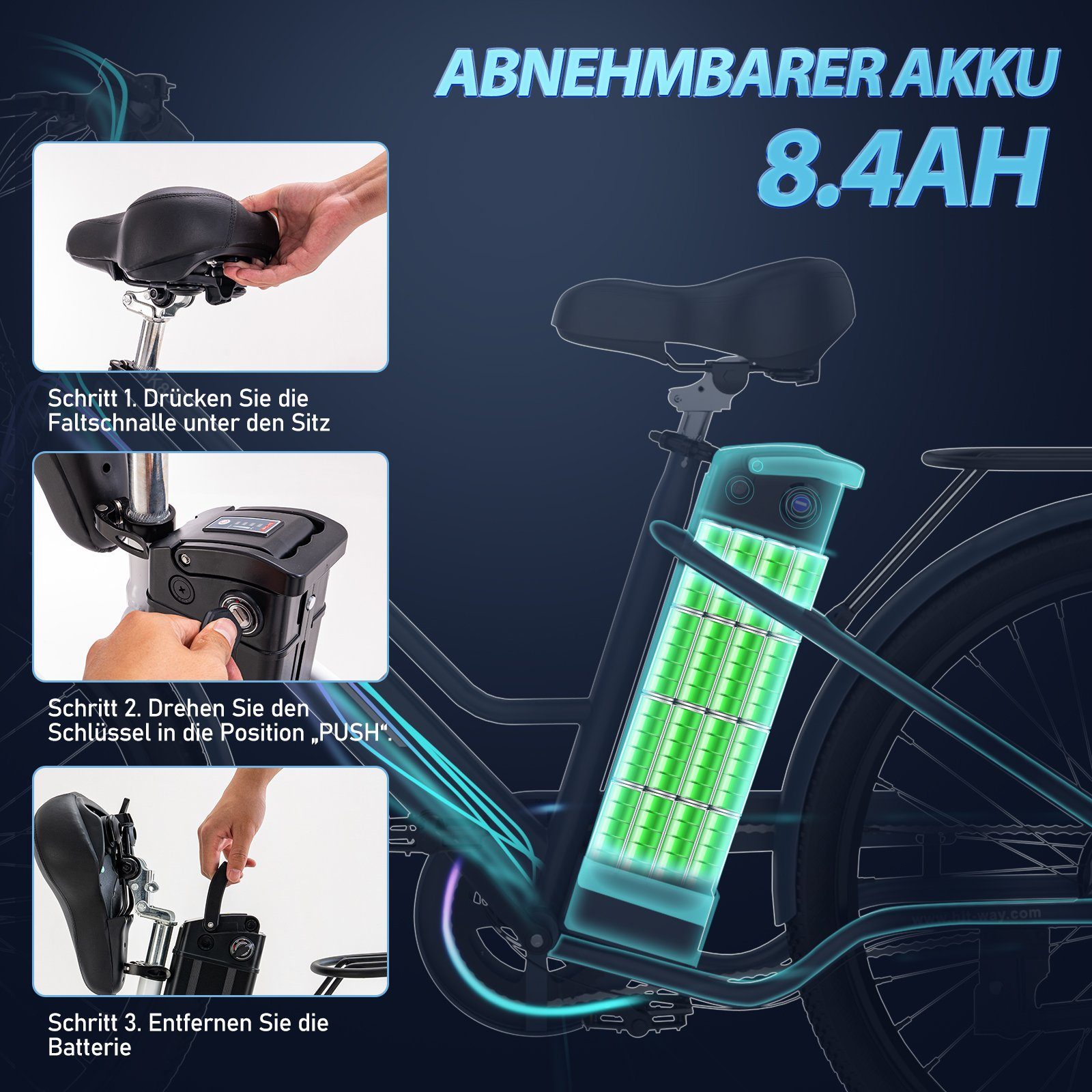 HITWAY E-Bike E-Fahrrad 36V 8.4AH 25km/h,Damen,35-70KM, Heckmotor, Fahrradkorb, Pumpe, Fahrradschloss