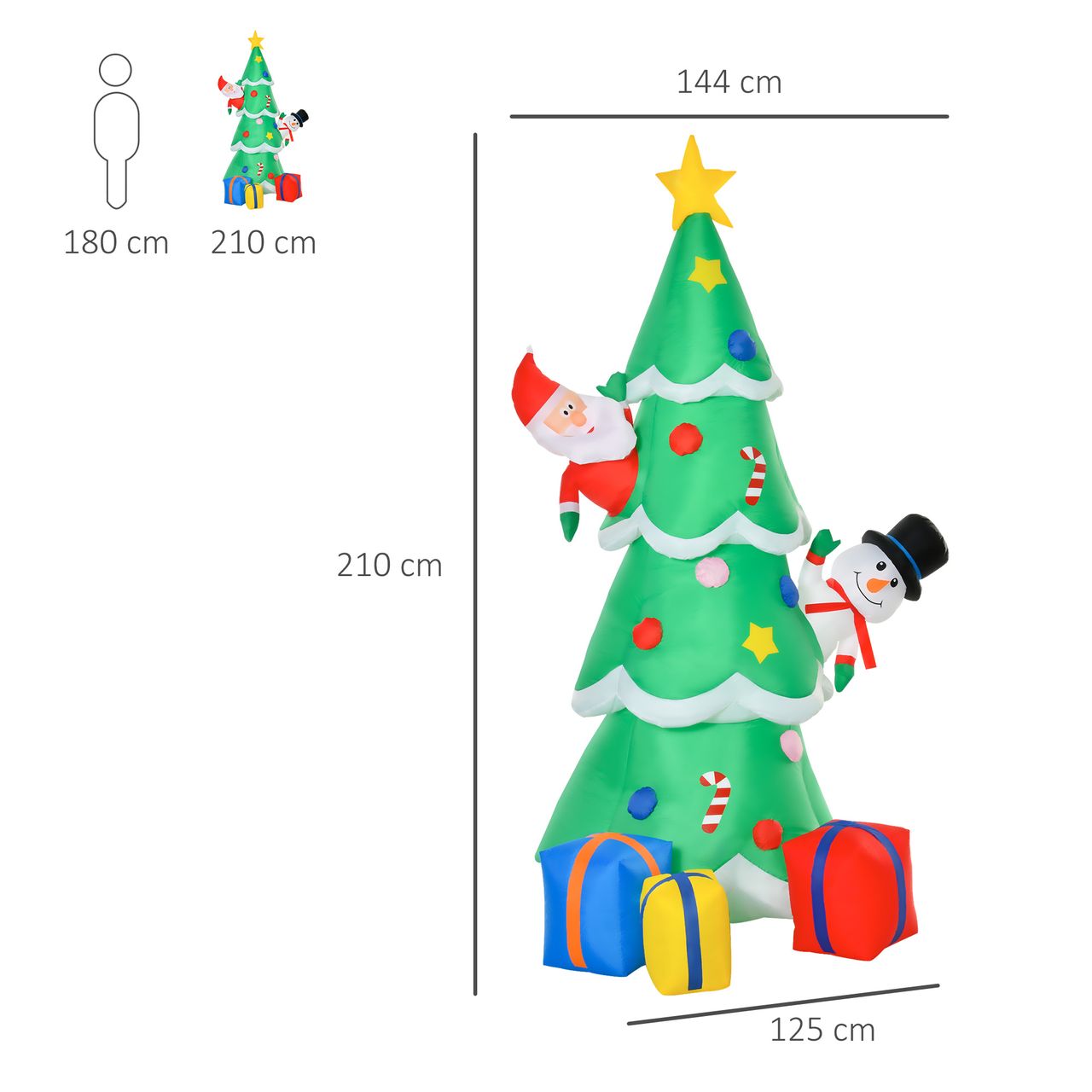 HOMCOM Aufblasbarer Weihnachtsbaum mit Weihnachtsmann Schneemann und Geschenkbox 210 cm Weihnachtsbeleuchtung LED Selbstaufblasend Polyester Grün 144 x 125 x 210 cm