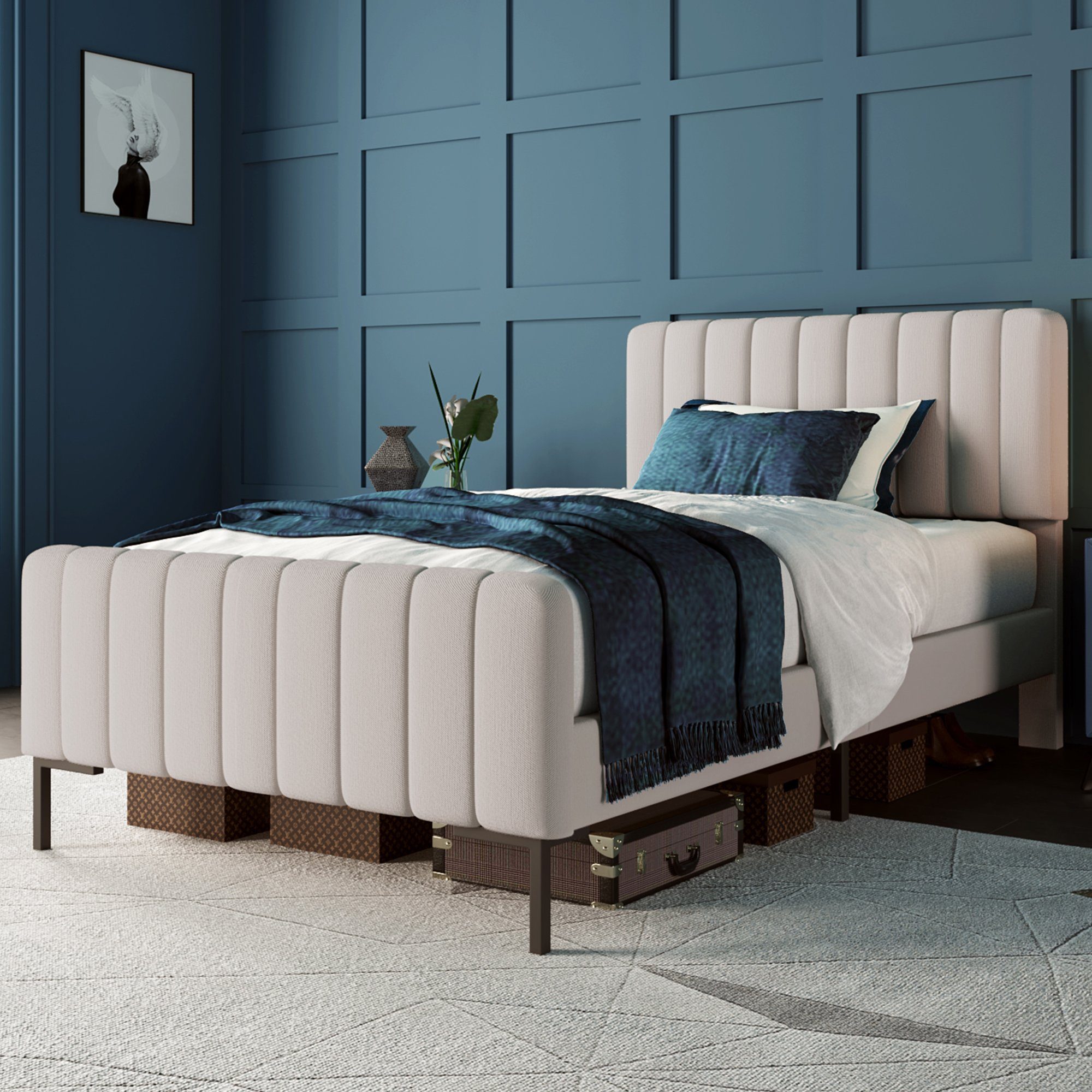 WISHDOR Polsterbett Einzelbett Stauraumbett Bett (90 x 200 cm Beige ohne Matratze), Bettgestell mit Lattenrost und Verstellbares Kopfteil