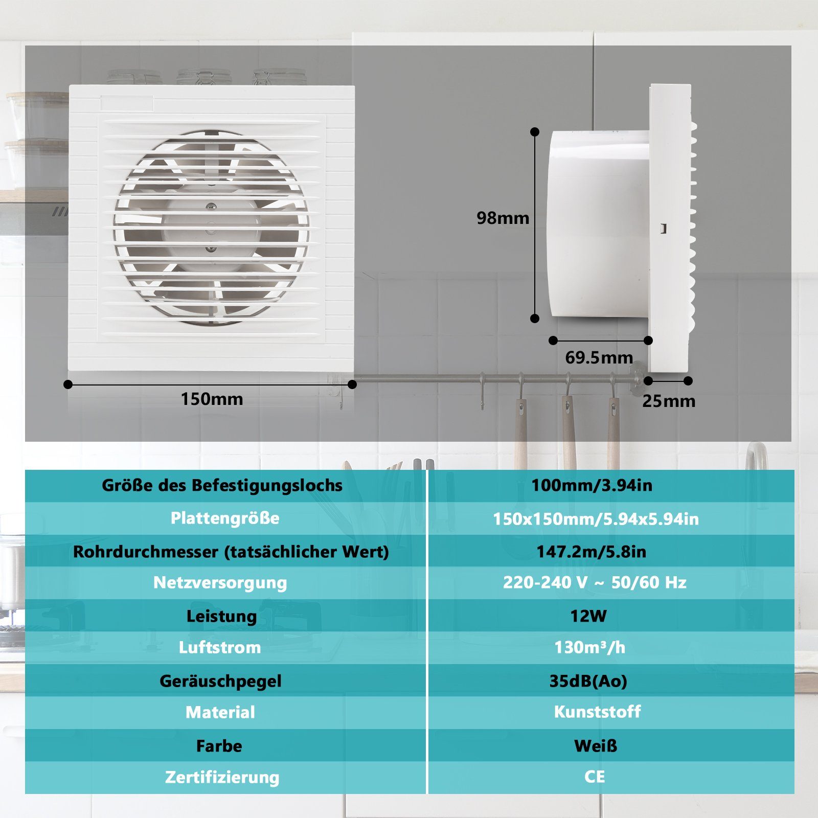 Lospitch Wandventilator Badlüfter Mit Rückflussleitblech Ventilator Wandlüfter 100/150mm
