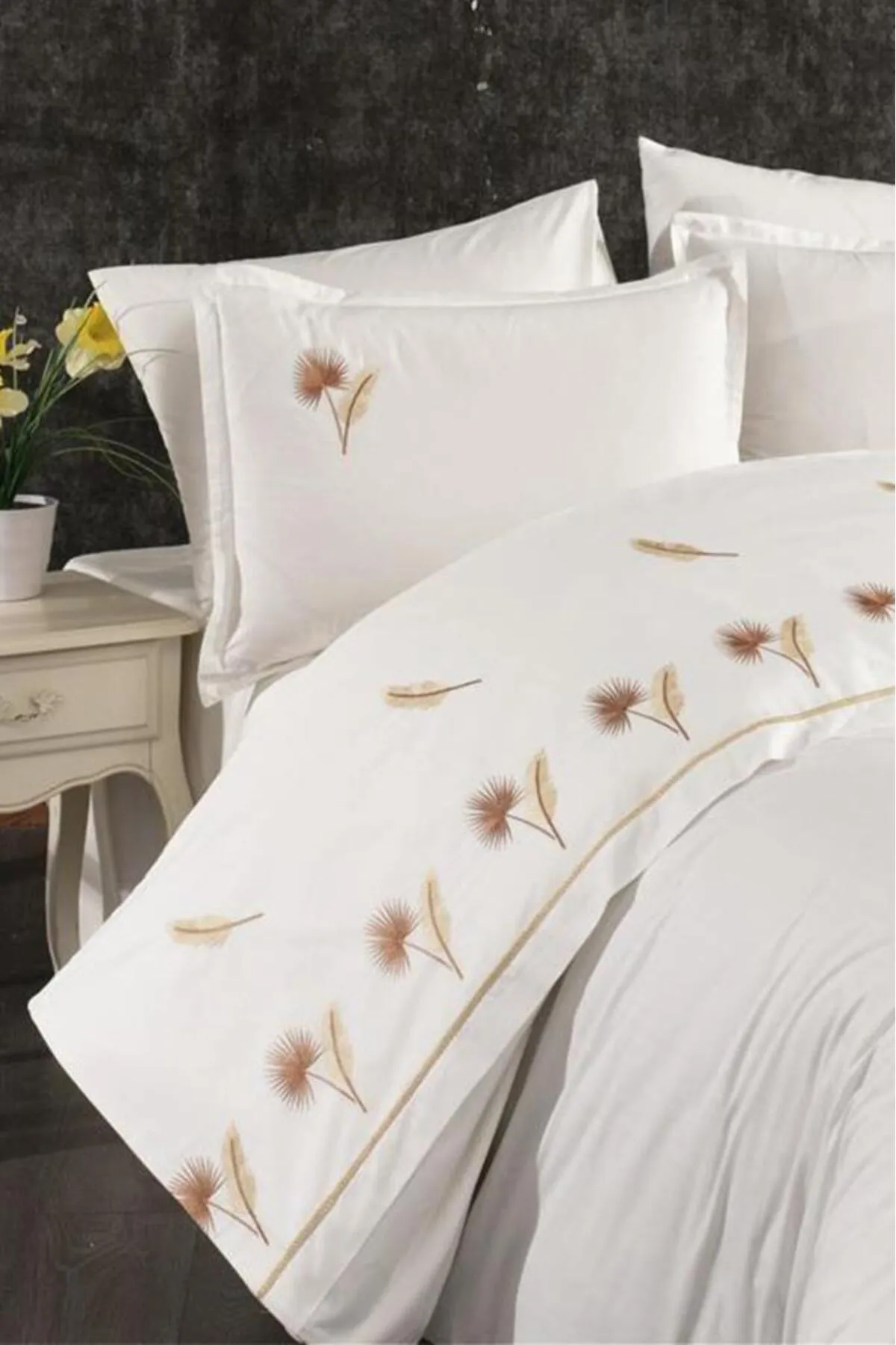 Çeyiz Diyarı  Bettwäscheset für Doppelbett, 100 % Baumwolle, bestickt mit Palmen, Cappuccino