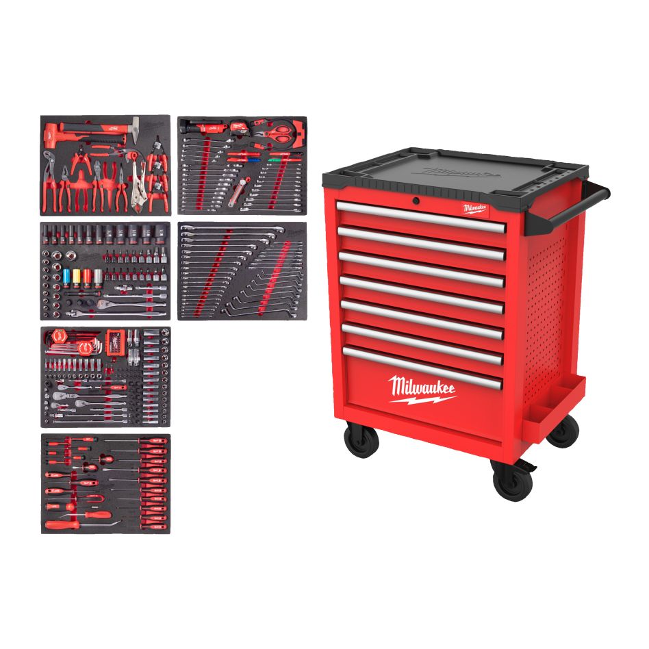 „Milwaukee Accessories 4932500746 TOOLGUARD“ užpildytas 27 colių / 69 cm plieninis įrankių vežimėlis, pilkas, 337 dalių