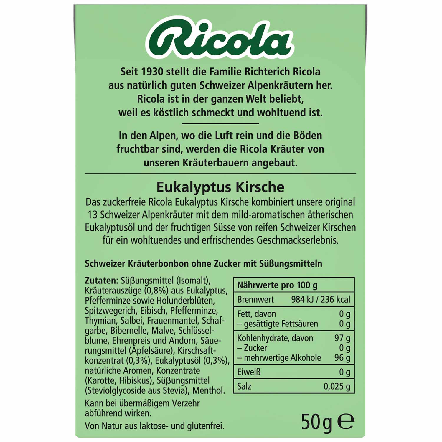 Ricola Eukalyptus Kirsche ohne Zucker 50g