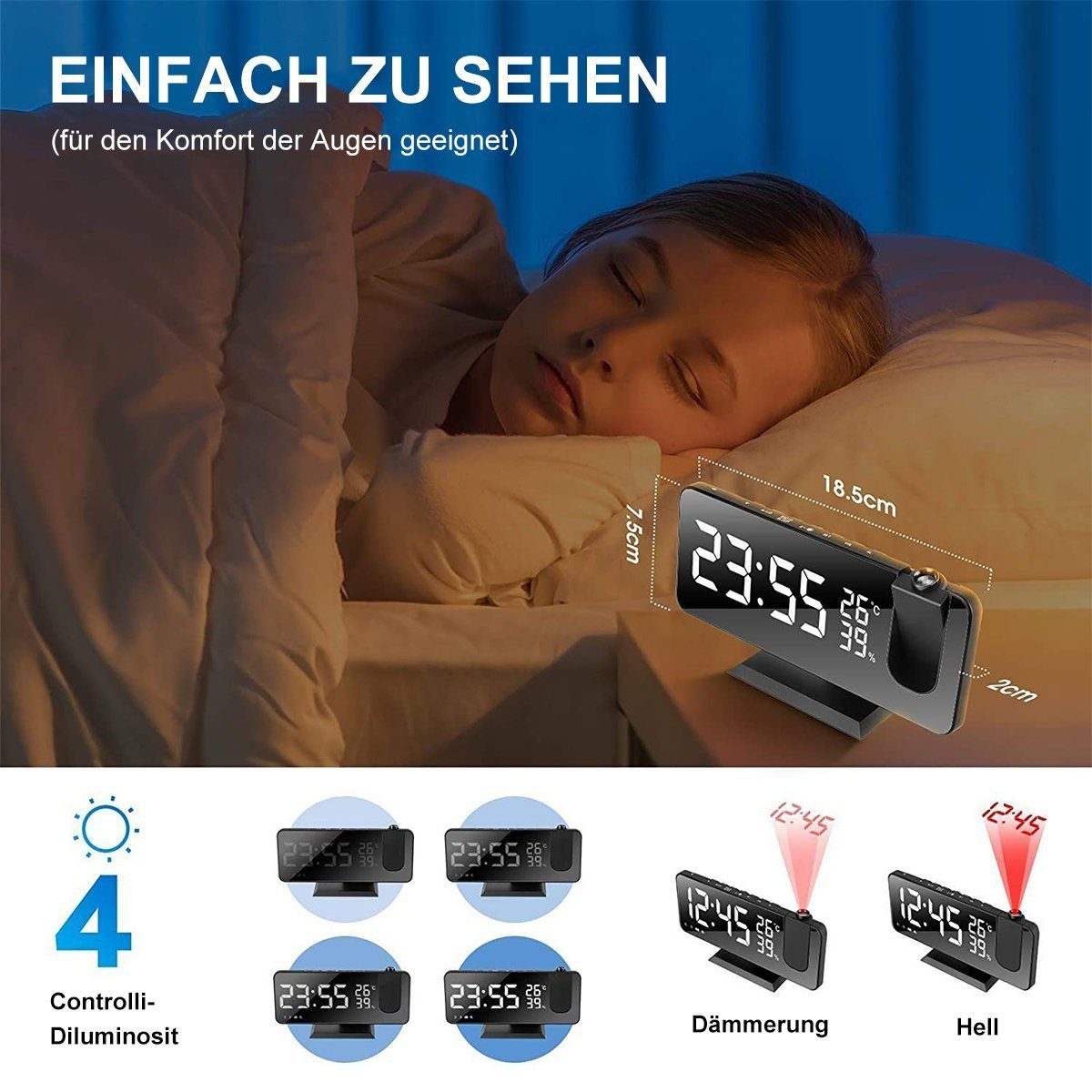 DOPWii Wecker Projektionswecker,32 FM-Radio mit Projektion 180 °