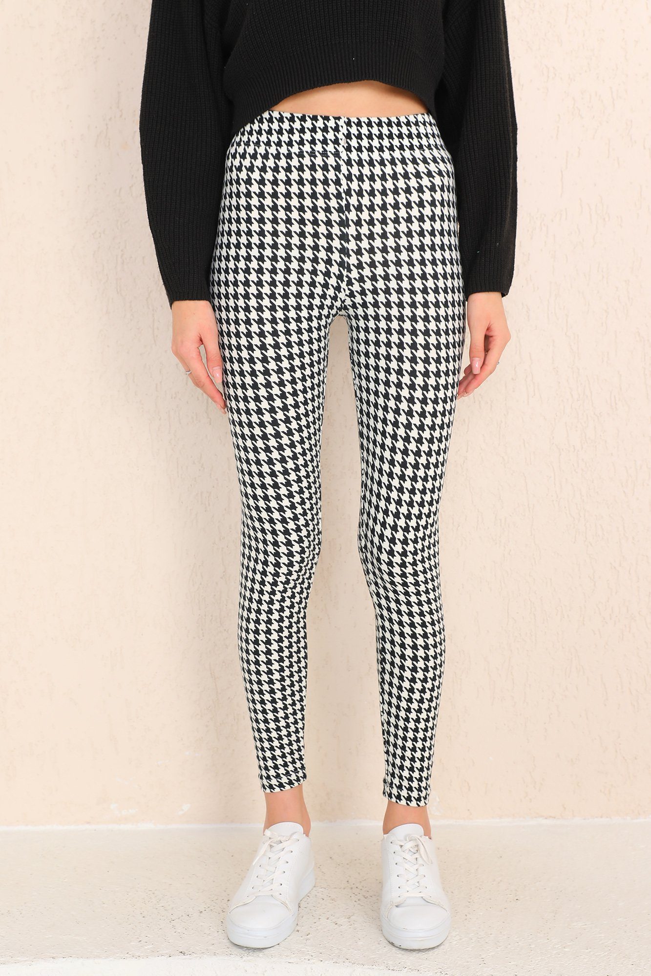 Bongual Leggings mit Hahnentrittmuster samtweich schwarz-weiß