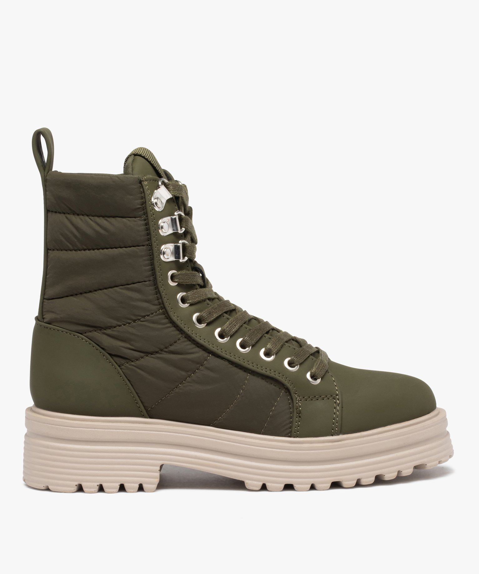 Bottines femme à lacets dessus textile matelassé kaki | GEMO