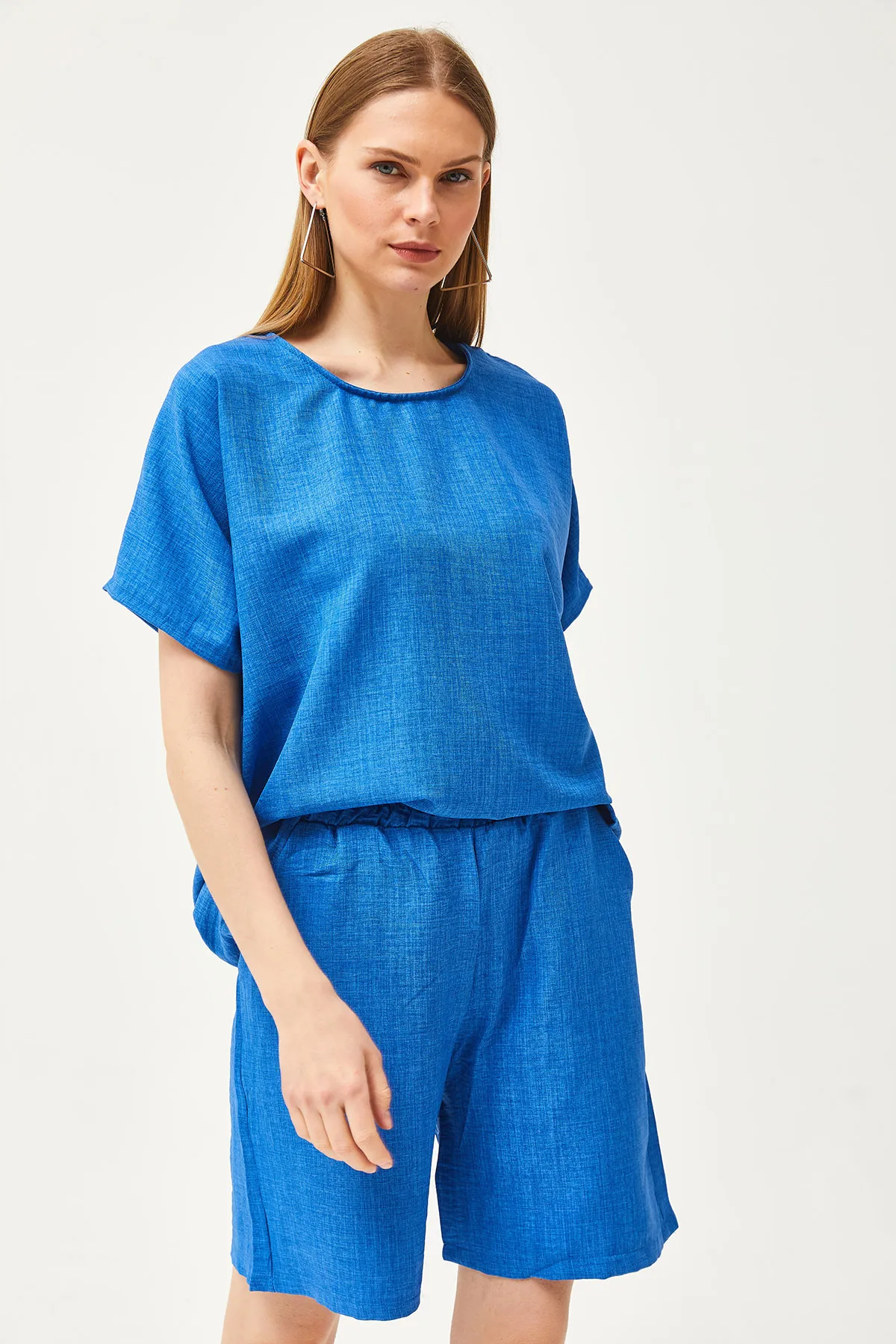 Olalook  Damen Saks Blaues Top Lockere Bluse Shorts mit Untertasche Leineninhalt Set TKM-19000268