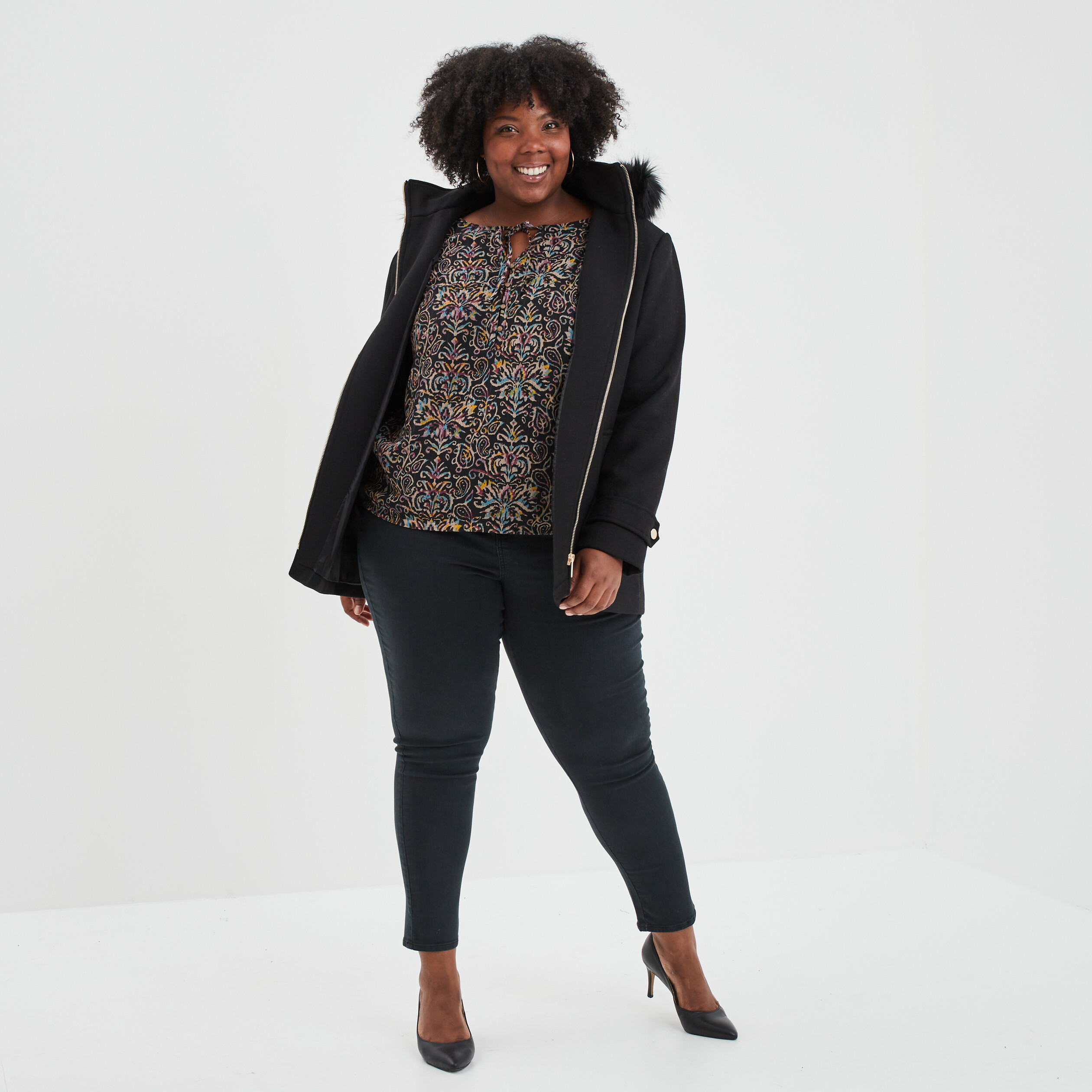 Pantalon slim taille haute 5 poches noir femme grande taille | La Halle