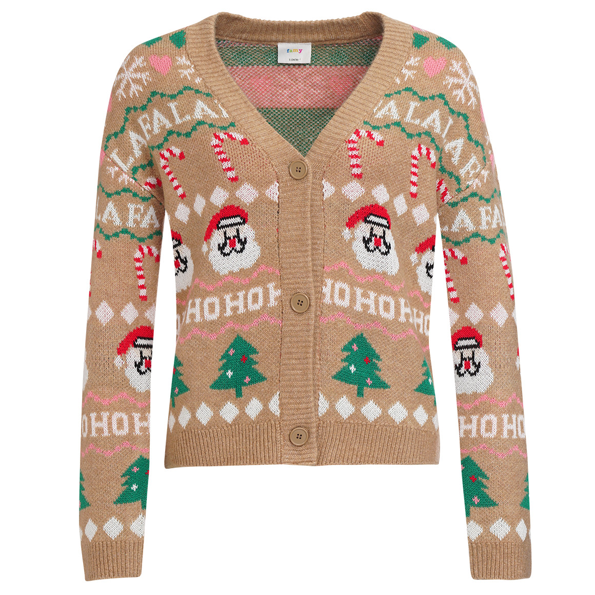 Damen Weihnachtsstrickjacke mit V-Ausschnitt beige