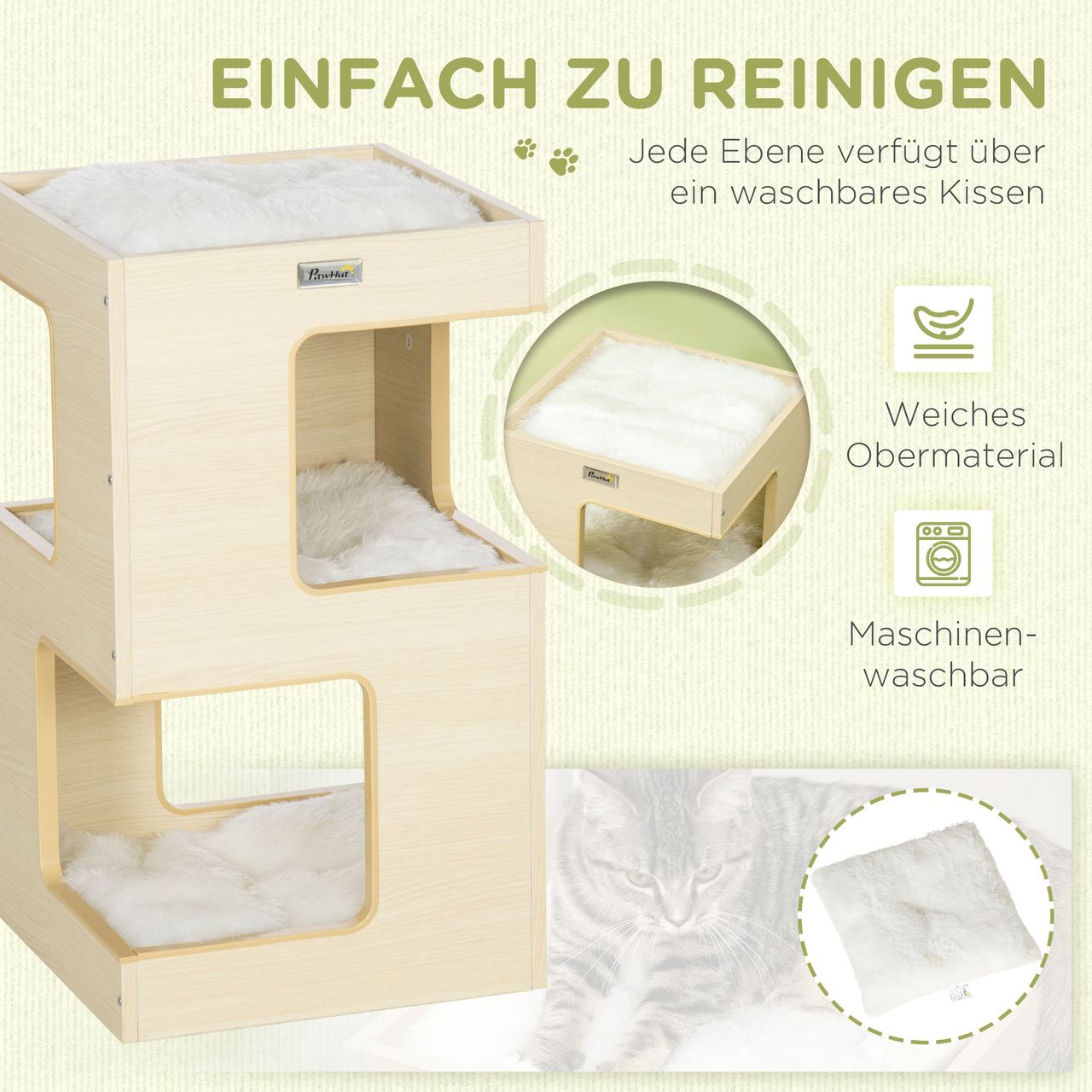 PawHut Katzenhöhle, Katzenhütte, 3-stufiger Katzenschrank mit Kissen, Eiche