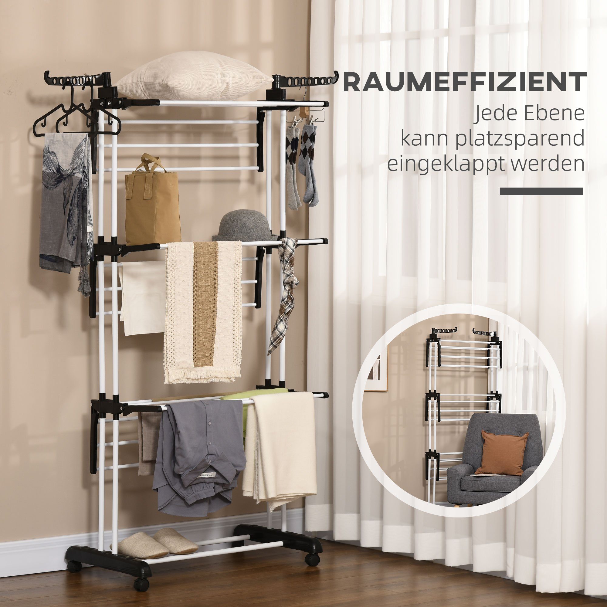 HOMCOM Wäscheständer Wäschetrockner Turmwäscheständer Standtrockner mit 4 Ebenen, Stahl Schwarz 73 x 45,5 x 177cm