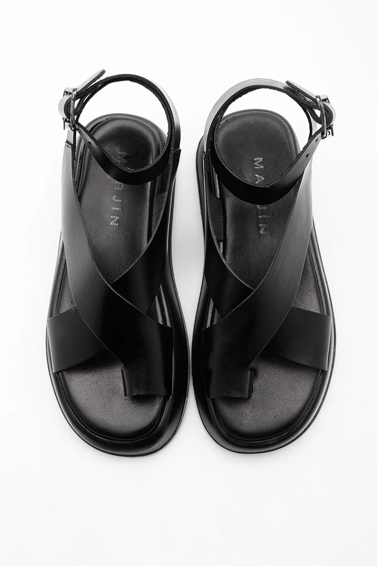 Marjin  Damen Sandalen aus echtem Leder für den Alltag, dicke Sohle, Etikett schwarz