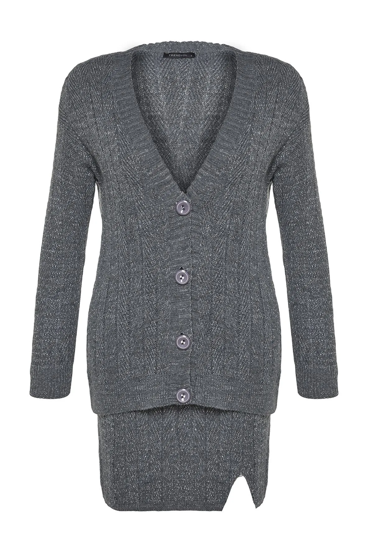 Trendyol Collection  Anthrazit Glitzernder Rock-Cardigan Strickoberteil und -unterteil Set TWOAW24AU00090