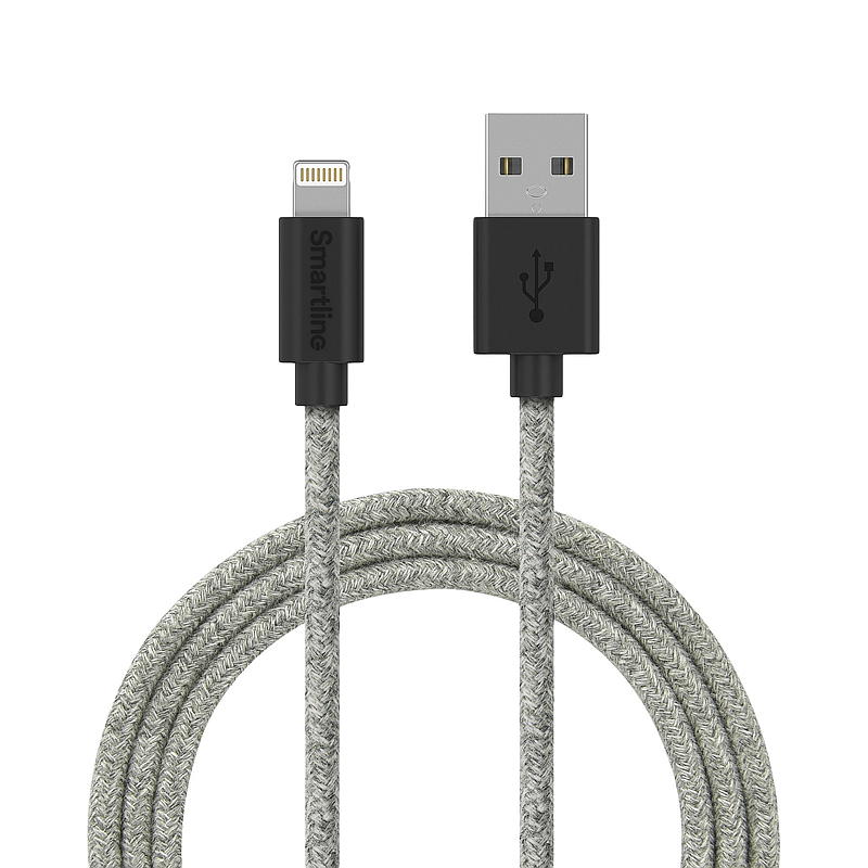 Smartline Ladekabel 2 m USB-A til lightning, grå Fuzzy