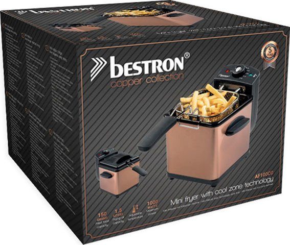 bestron Fritteuse AF100CO, kleine Fritteuse mit Edelstahl-Korb für eine Portion, 1000 W, Kaltzonentechnologie, Temperaturkontrolle bis 190°C, Ölfilter