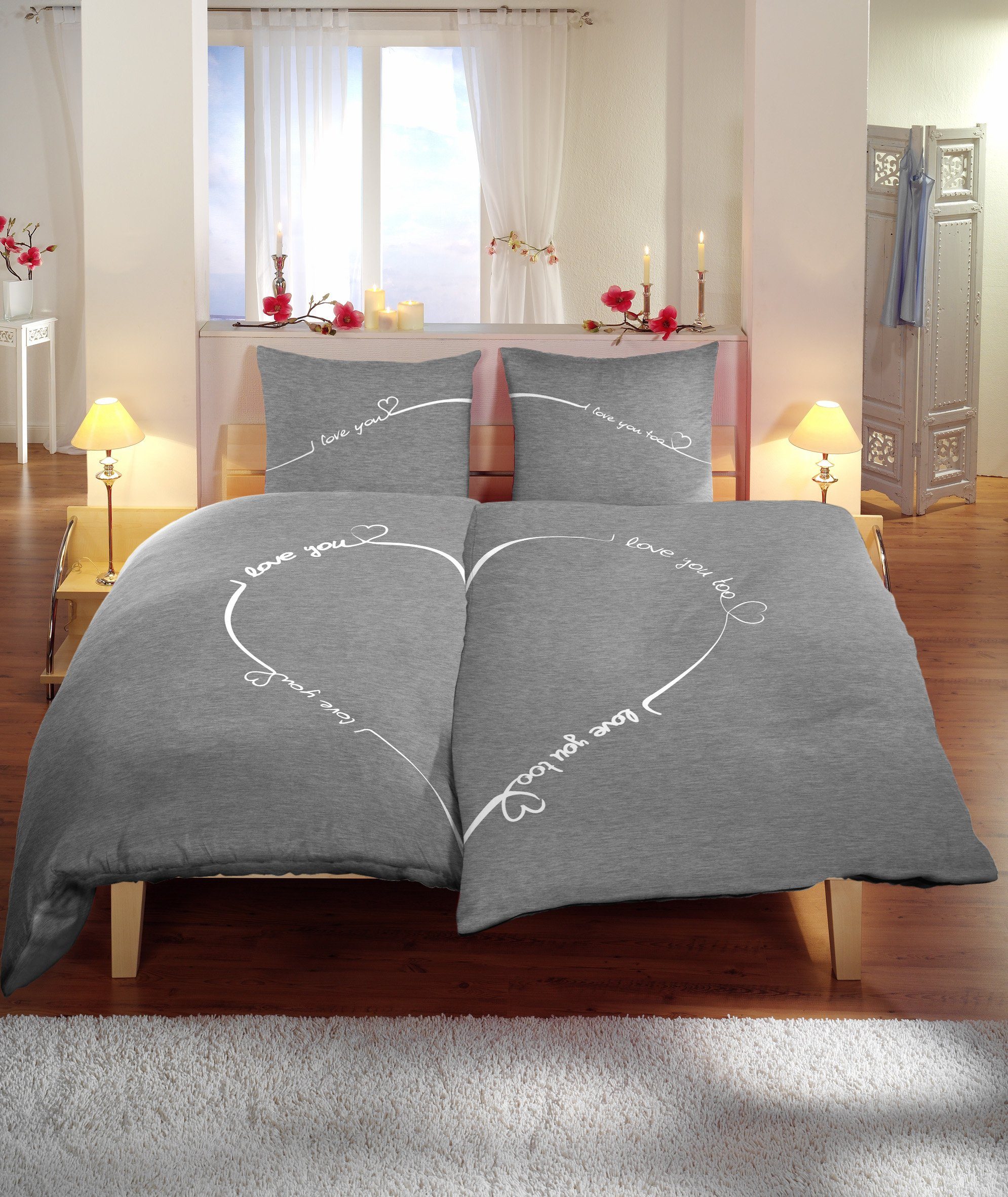 Bettwäsche Love you, One Home, Mikrofaser, 4 teilig, Herzen und meliert