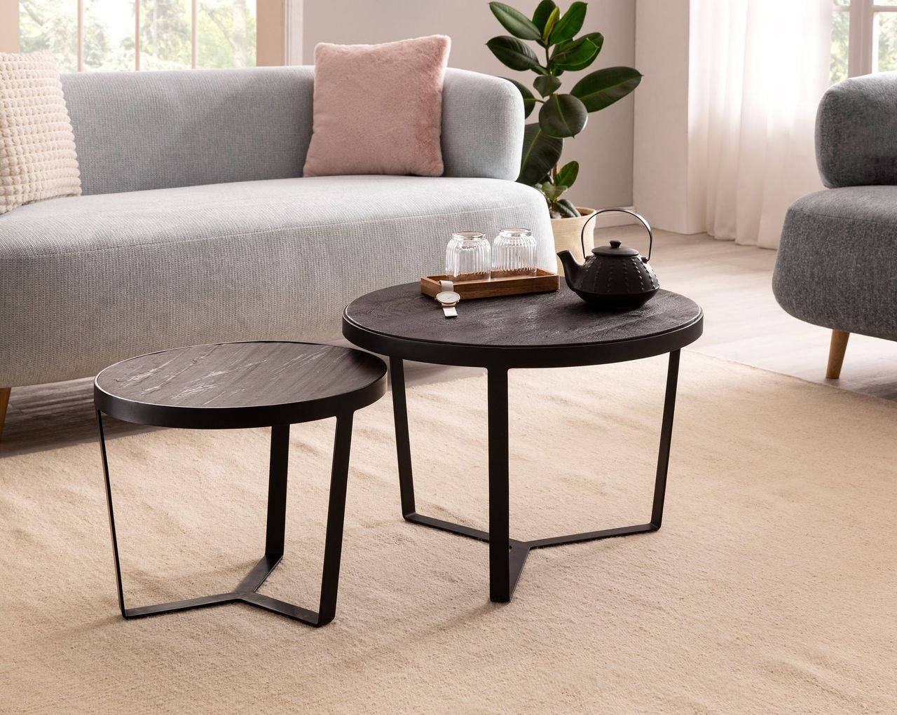 Wohnling Couchtisch 2er Set Rund Holz / Steinoptik Wohnzimmertisch Satztisch