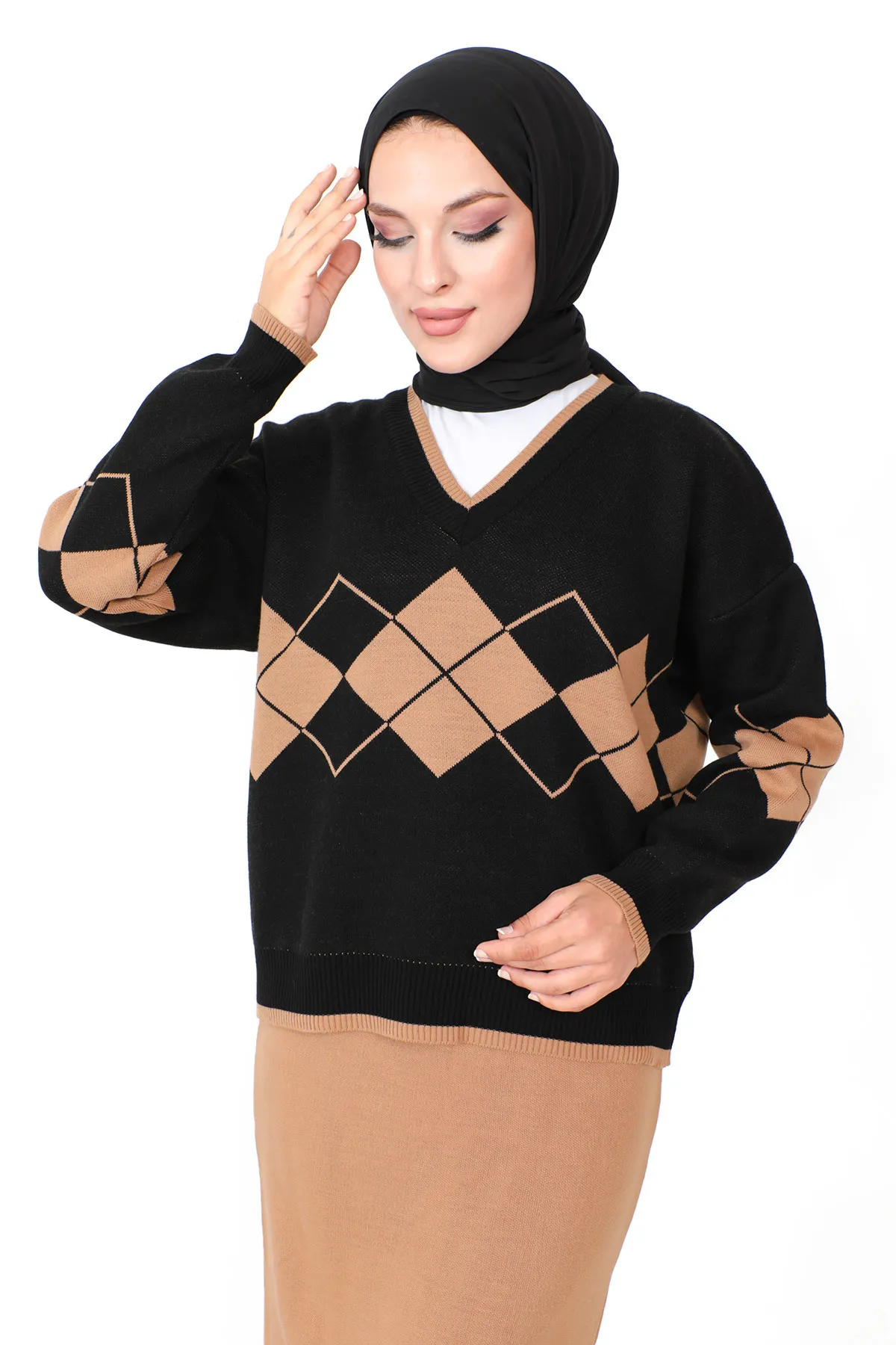Tesettür Dünyası  Strickanzug mit Rock TSD230901 Braun