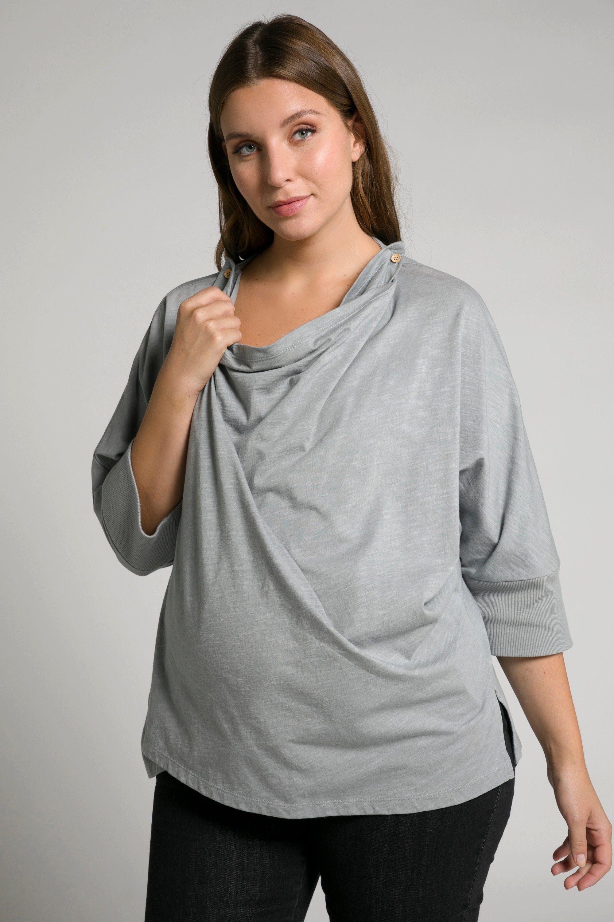 Ulla Popken Shirtjacke Bellieva-Shirtjacke Schulterknopf 3/4-Arm GOTS