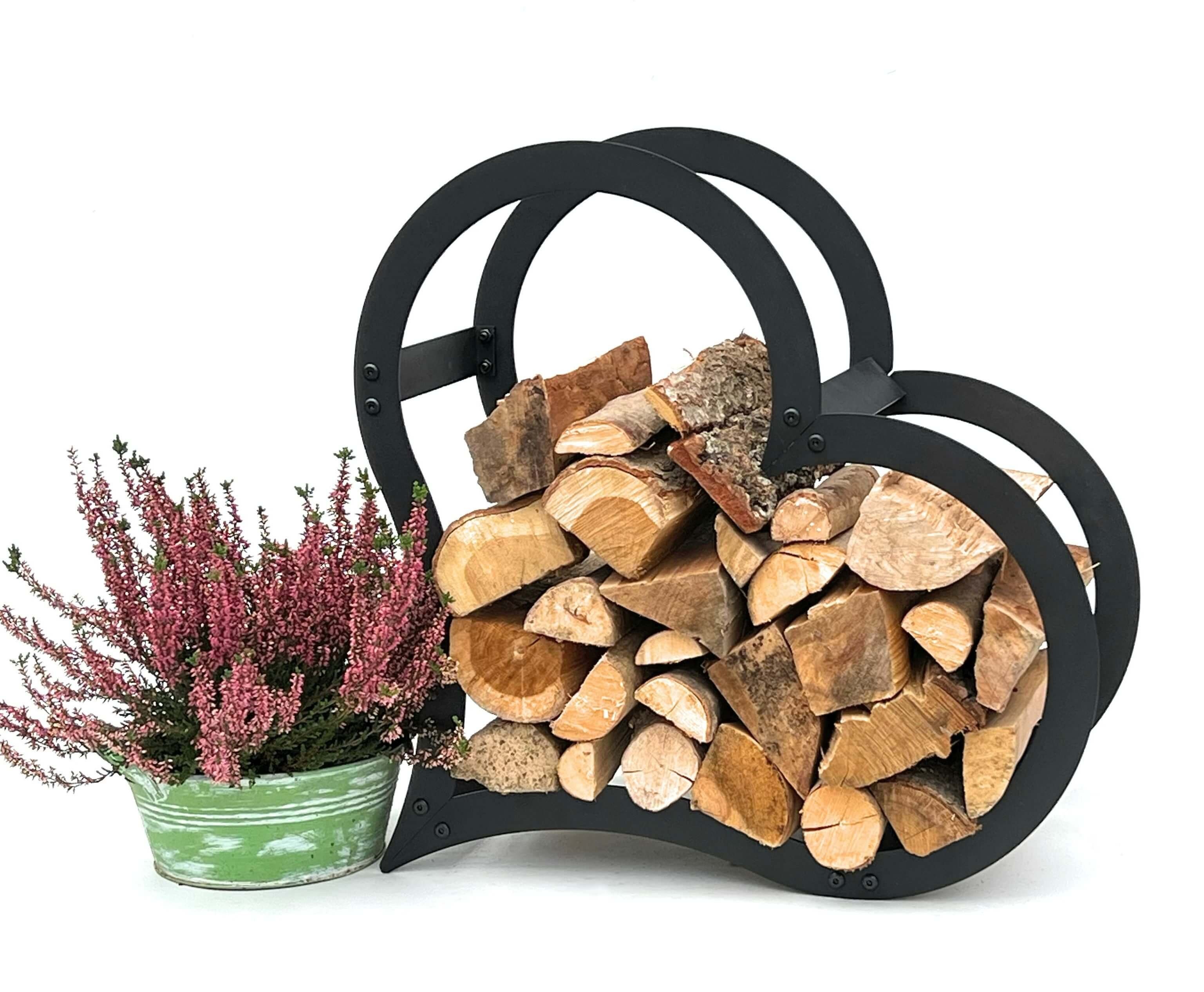DanDiBo Kaminholzregal Kaminholzregal Metall Schwarz Stehend Herz 52 cm Kaminholzständer, Herzförmig und Freistehend