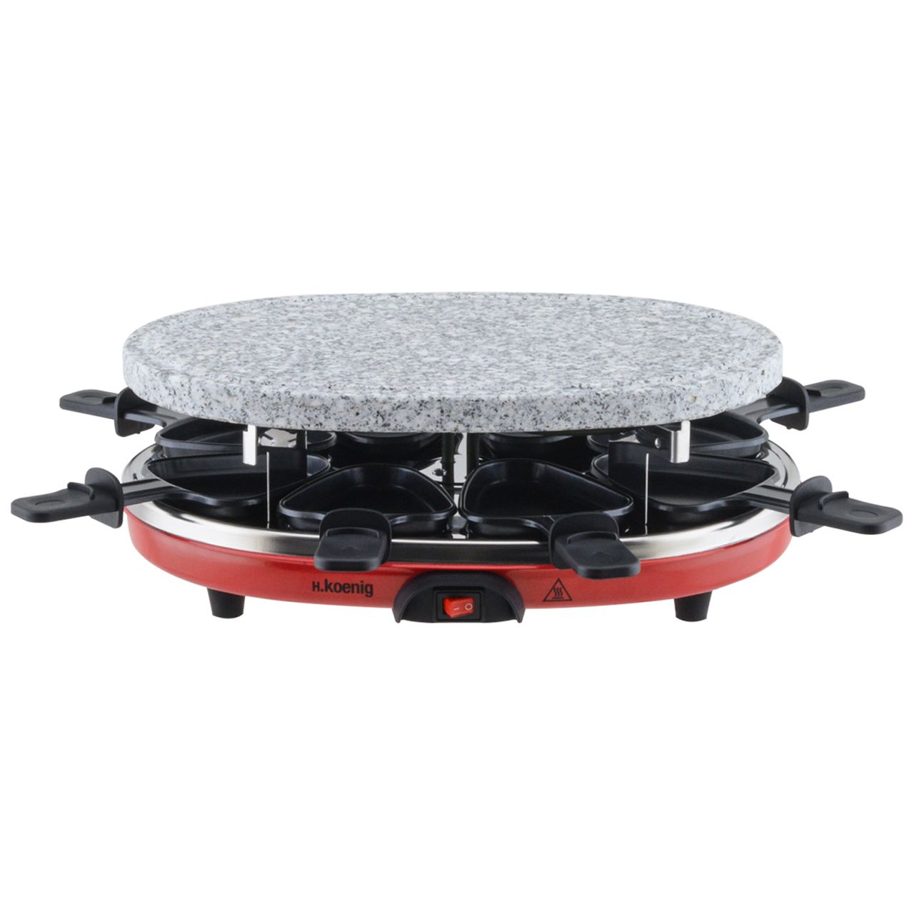 H.Koenig RP412 Raclette-Gerät 4 in 1 / 8 Personen / Raclette, Natursteingrill, Crepe-Platte und Grillplatte / mit 8 Pfännchen / 900 W / schwarz/rot
