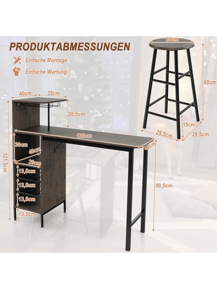 COSTWAY Bartisch mit Barhocker Set in Anthrazit günstig kaufen onesize