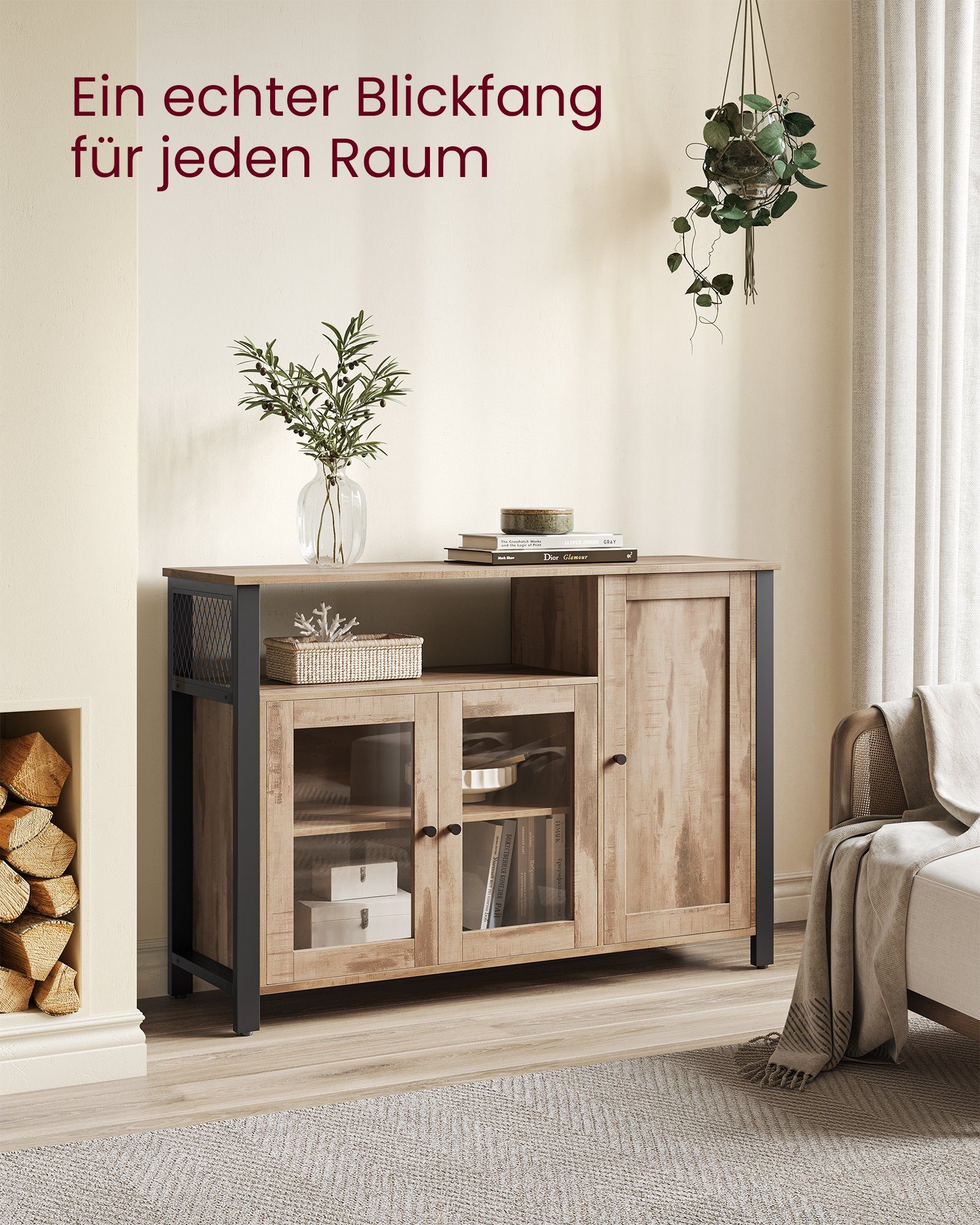 VASAGLE Sideboard Küchenschrank, Kommode, 110 x 33 x 75 cm, mit 3 Türen