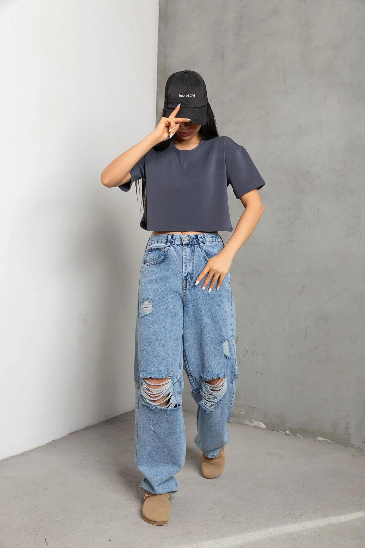 Maule  Schnalle im Detail, lockerer Schnitt, weites Bein, bequeme Baggy-Jeans, lockere Damenhose @milano