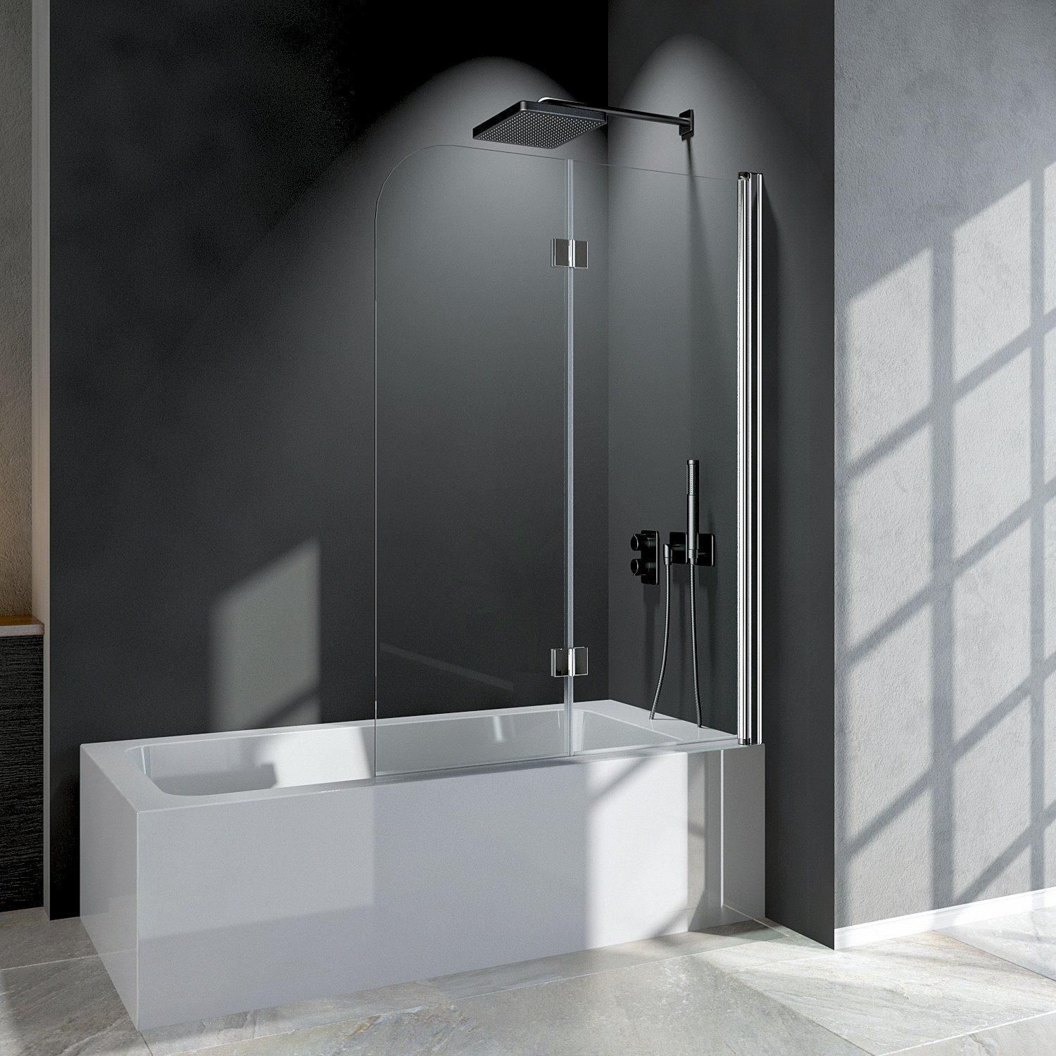 Boromal Badewannenaufsatz Duschwand Faltbar für Badewanne 120cm Schwarz 2-tlg mit 6mm ESG, Einscheibensicherheitsglas, Sicherheitsglas nach EN 12150, Wasserabweisende Nanobeschichtung