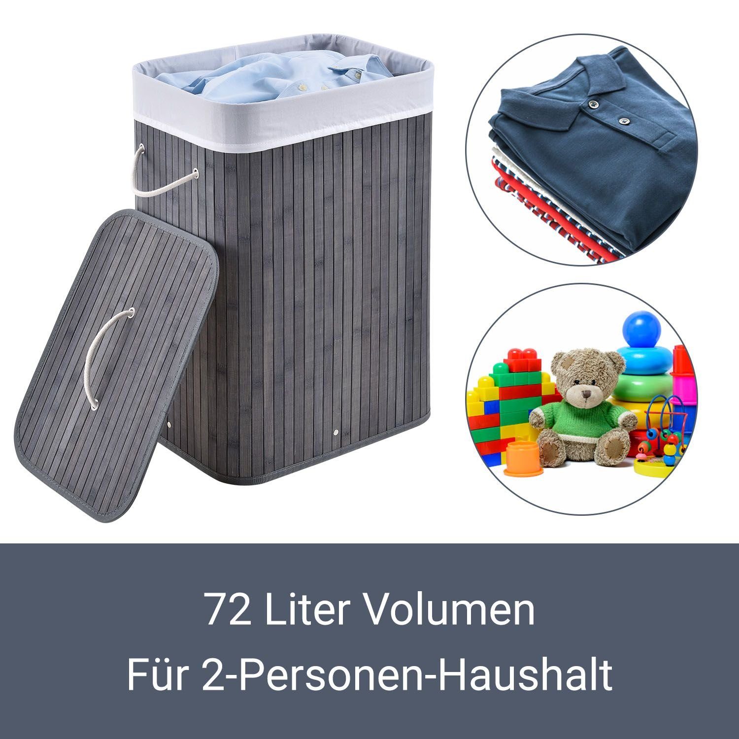 Juskys Wäschekorb Curly 72 L, 72 l, mit Tragegriffe, Deckel, Wäschesack waschbar, platzsparend