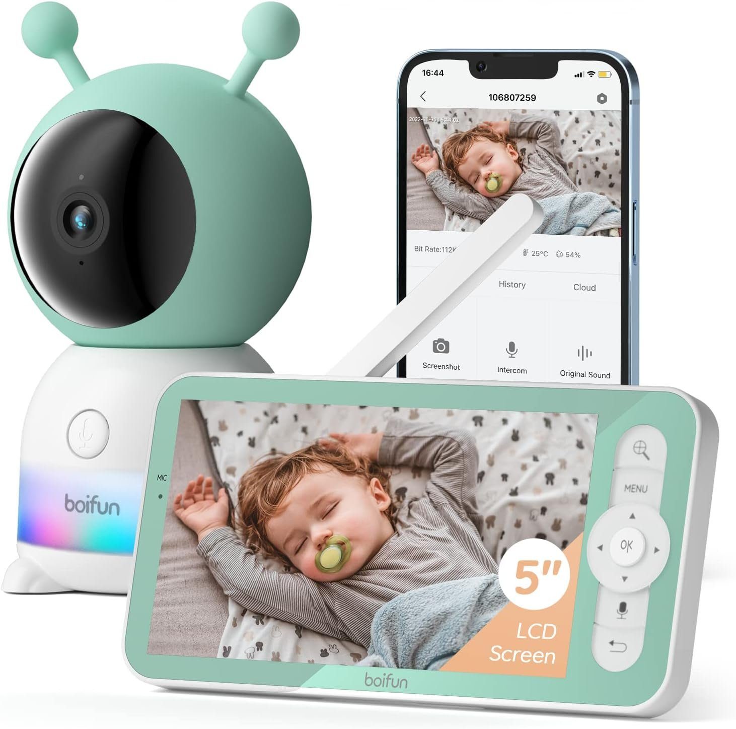 Boifun Babyphone Video-Babyphone Babyphone mit Kamera, 5-Zoll-LCD-Bildschirm 4 x Zoom, Infrarot-Nachtsicht, Temperaturanzeige, Schlaflieder, Zwei-Wege-Audio, Temperatur- und Feuchtigkeitsmessung,2K,3MP, 300m drahtlose Signalabdeckung,Schutz der Priva