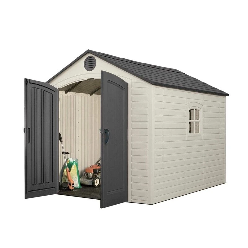 8 feet. Width x 10 feet. D plastic traditional storage shed