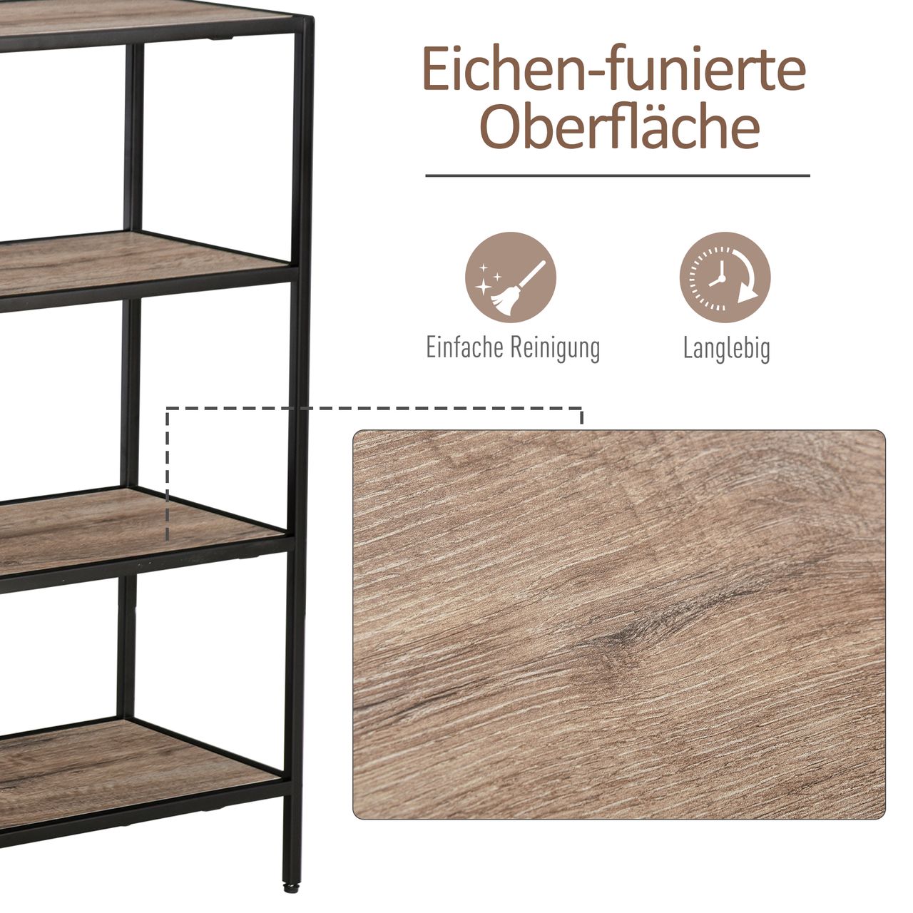 HOMCOM Standregal, Bücherregal Lagerregal Industrieller Stil, Aktenregal, Küchenregal, P2 Spanplatte, Metall, Schwarz helle Eiche, 120 x 32 x 95 cm