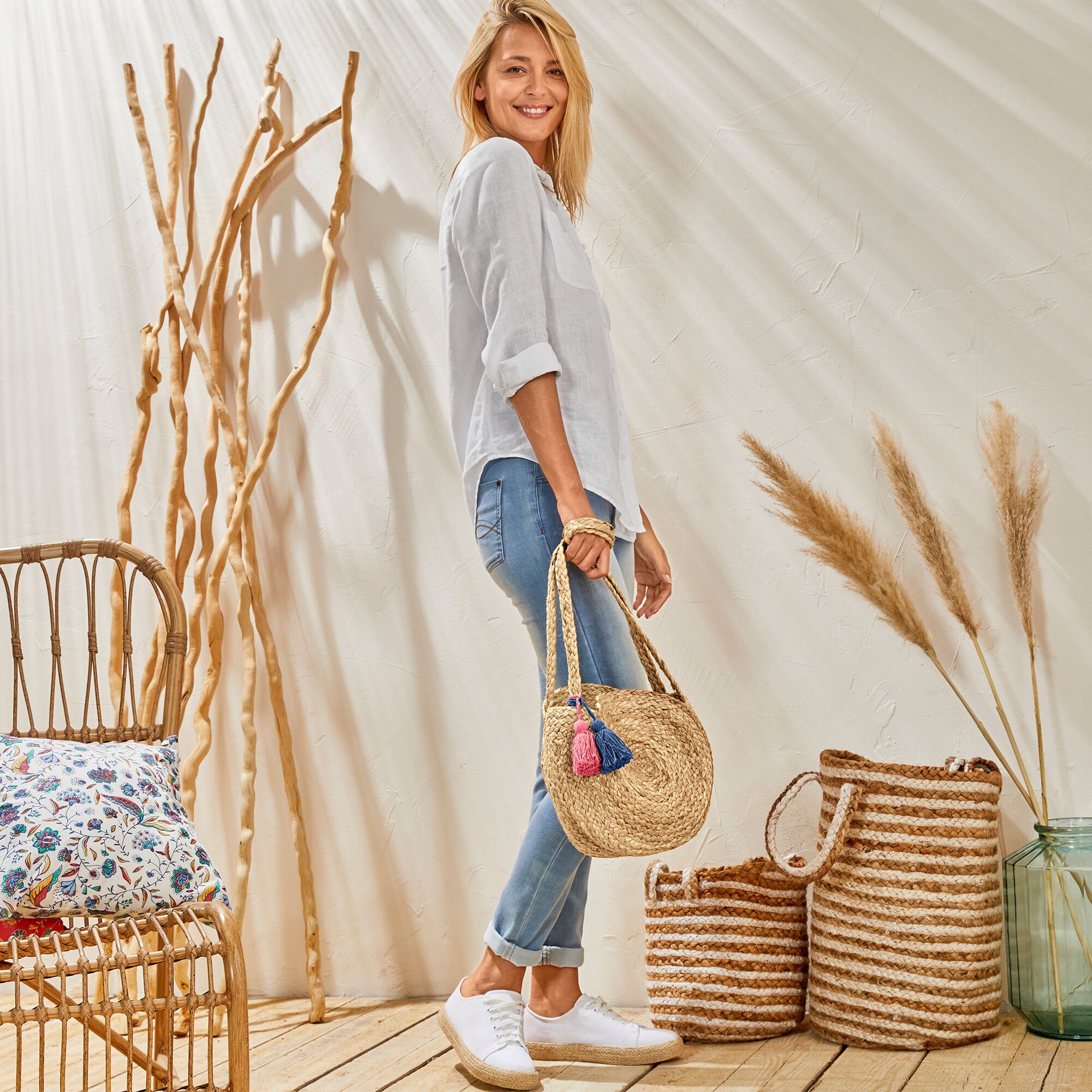Sac rond en jute finition pompons Indian Summer