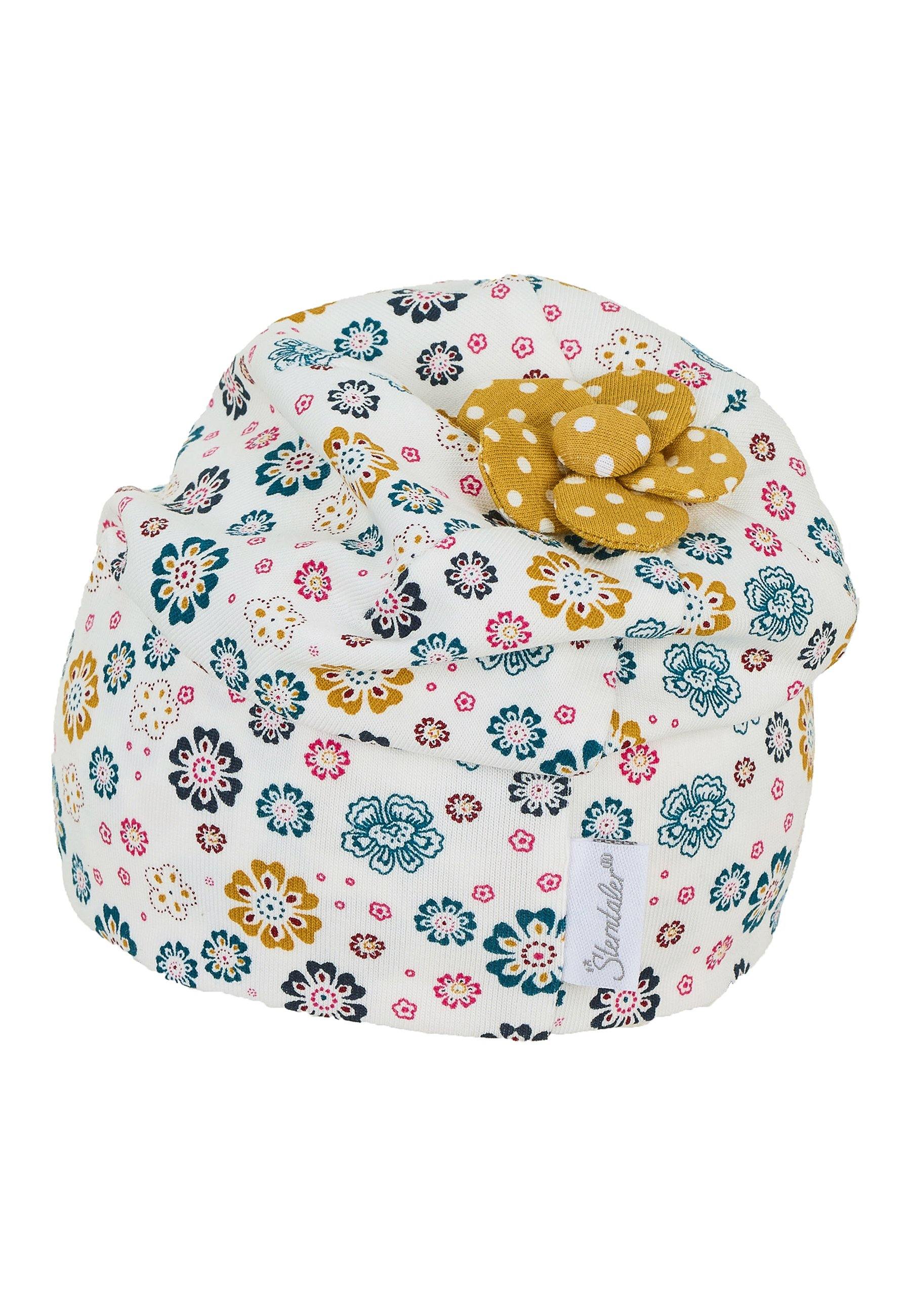 Slouch-Beanie mit Blumenprint in Hellblau und Ecru