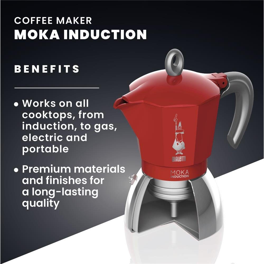 BIALETTI Espressokocher New Moka 4 Tassen, 0,15l Kaffeekanne, aus Aluminium / Stahl, für vier Tassen, Kaffeemaschine, Kaffeekocher, für Herd und Induktion geeignet, für Camping, Rot
