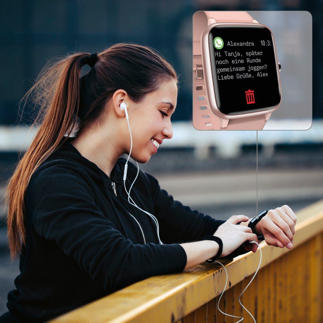Hama Smartwatch, GPS, wasserdicht, Herzfrequenz, Kalorien, Schritte, Rosé Smartwatch (3,3 cm/1,3 Zoll), Tempo, Musiksteuerung, Nicht Stören Modus, Timer Wecker, Wetteranzeige